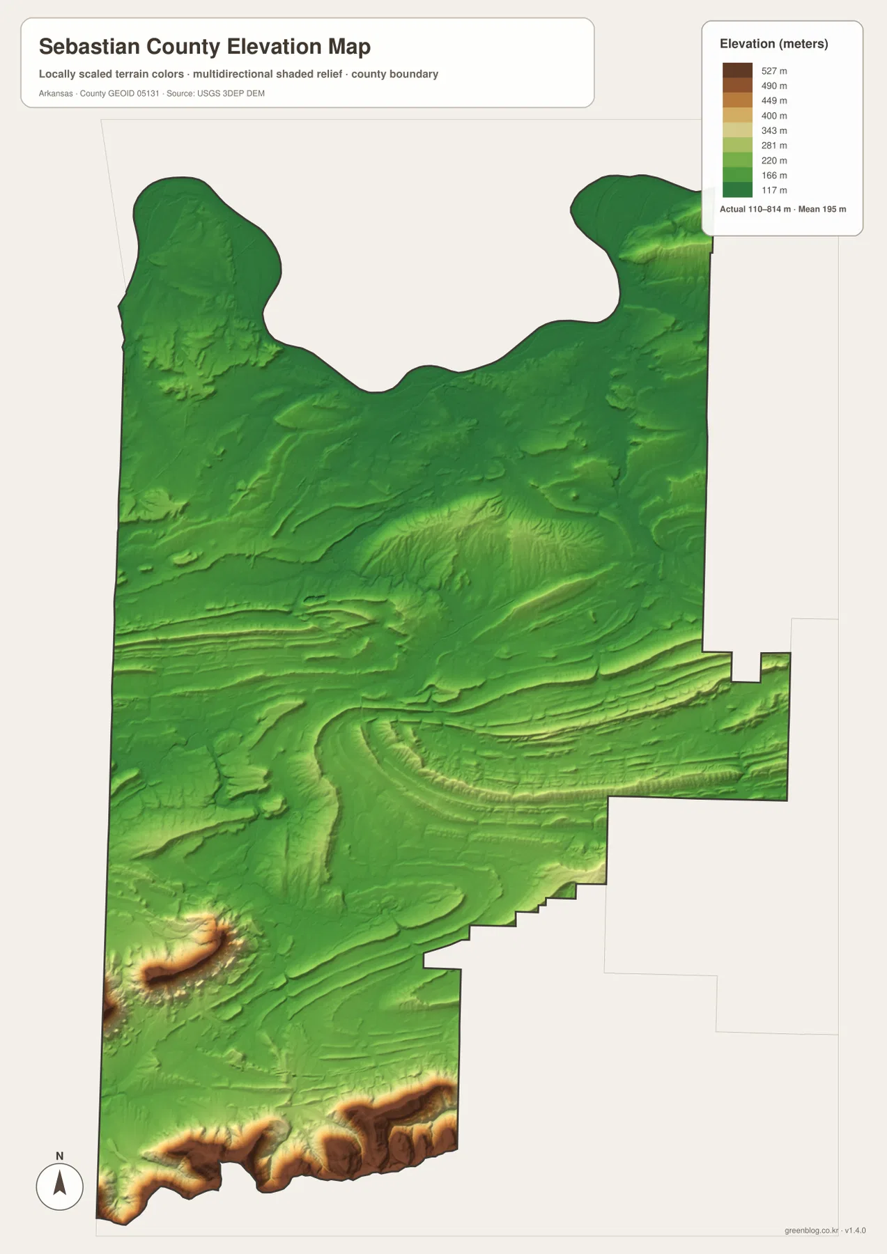Sebastian County elevation map showing low Arkansas River terrain in the north and high southern ridges