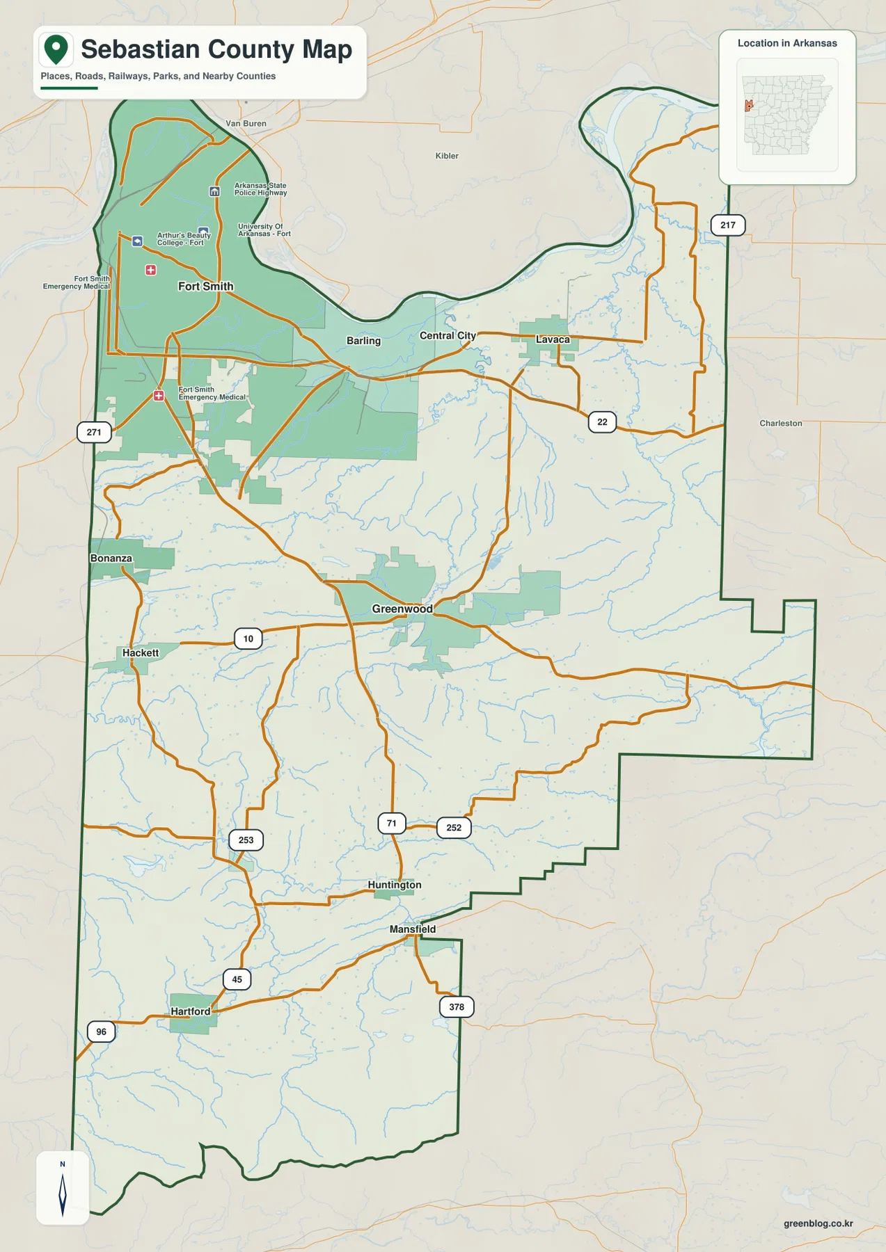Sebastian County Arkansas map showing Fort Smith, Greenwood, Barling, Lavaca, roads, streams, and county boundary