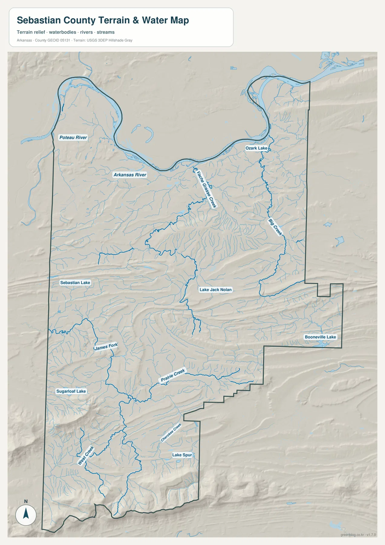Sebastian County terrain and water map showing Arkansas River, Poteau River, Big Creek, James Fork, creeks, and lakes