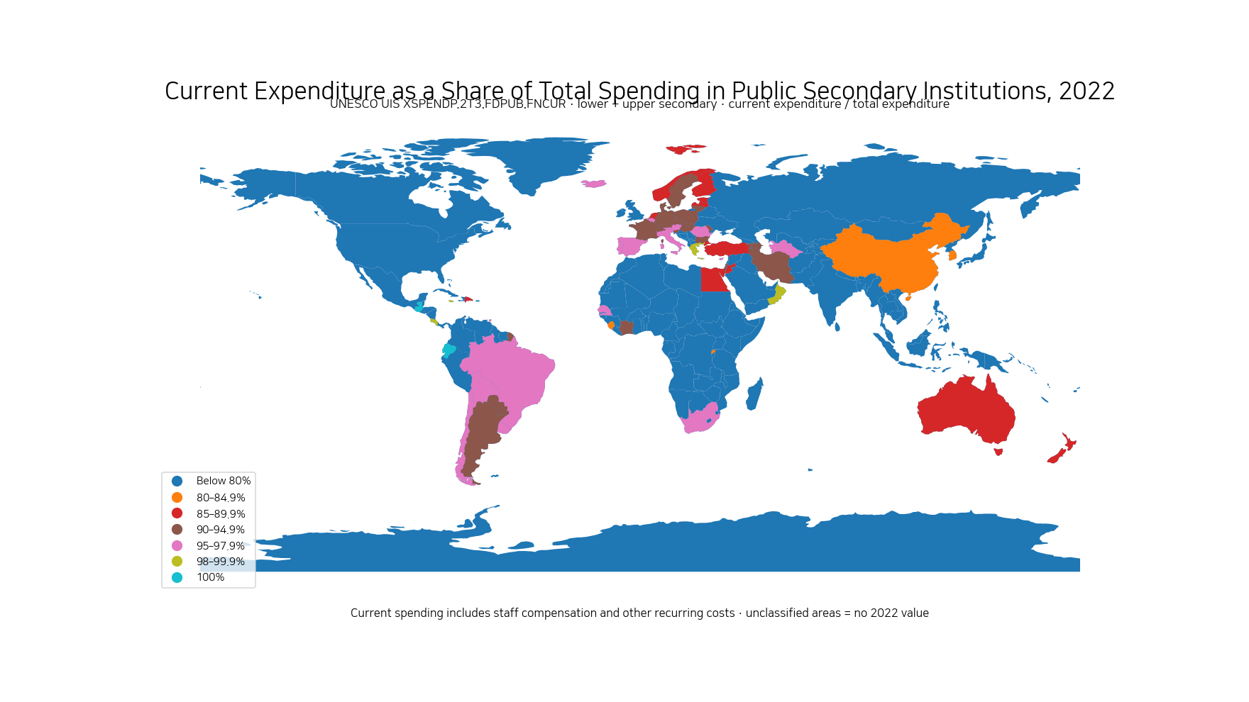 World map of current expenditure as a share of total spending in public lower- and upper-secondary institutions in 2022