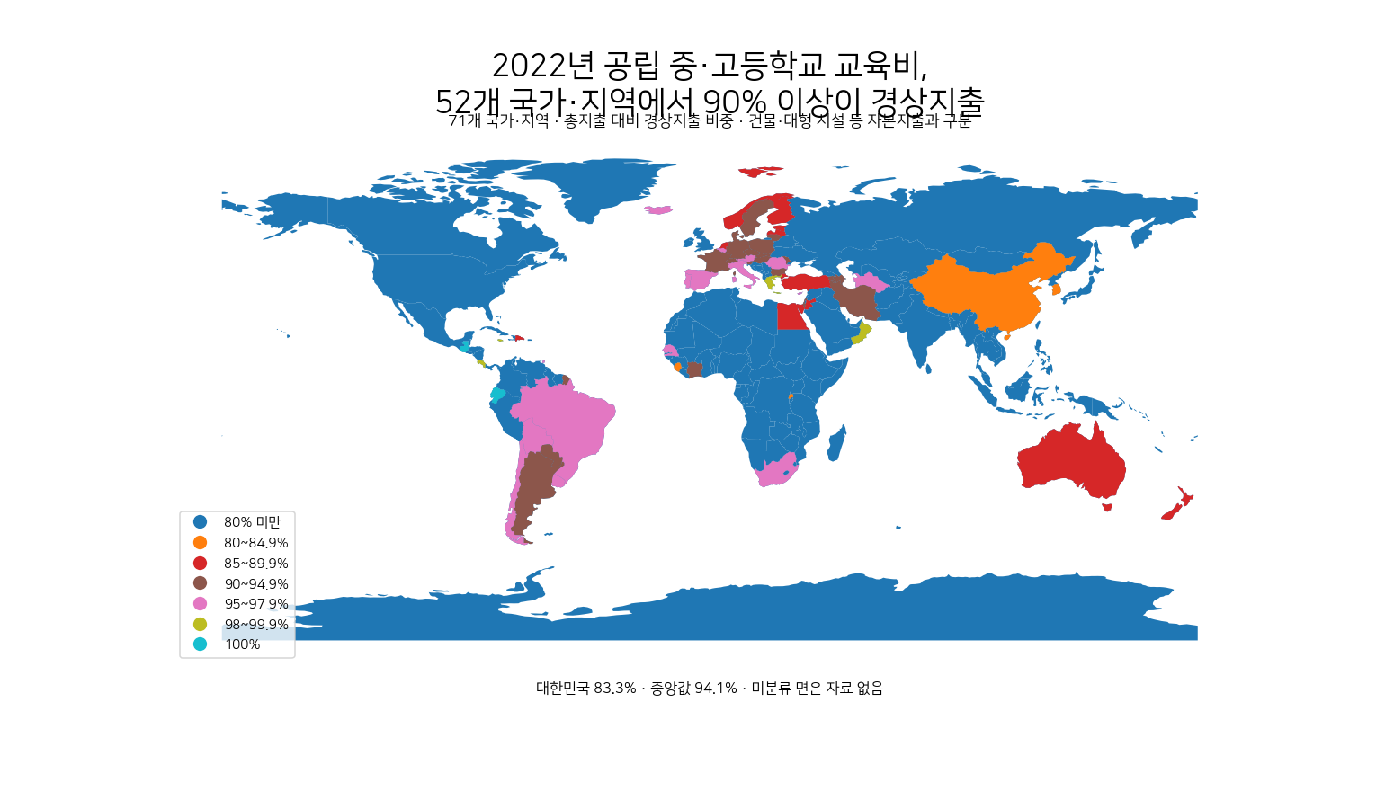 2022년 공립 중학교와 고등학교 총지출 중 경상지출 비중이 90% 이상인 국가와 지역을 보여 주는 세계 지도