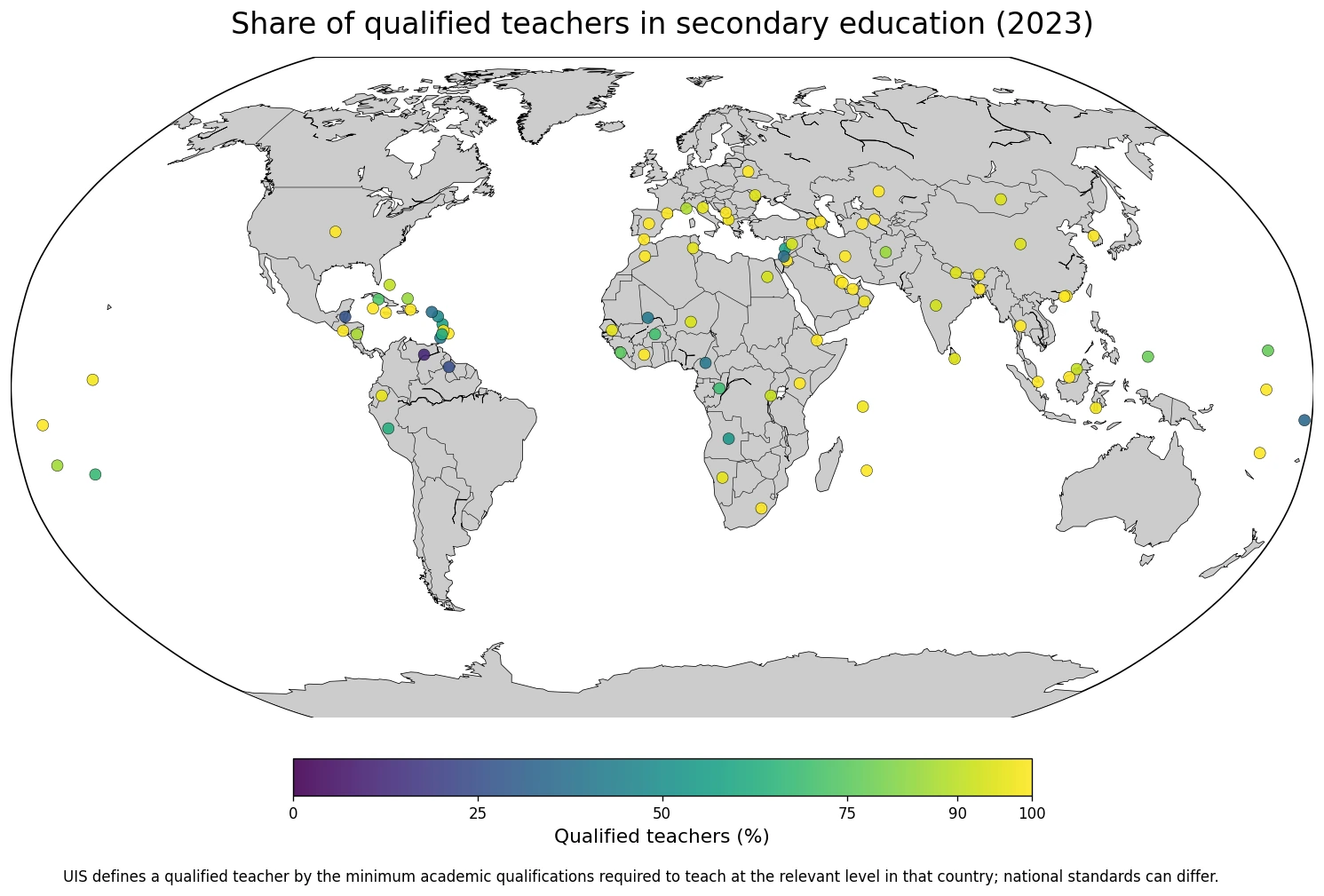 Map of the share of qualified teachers in secondary education in 2023