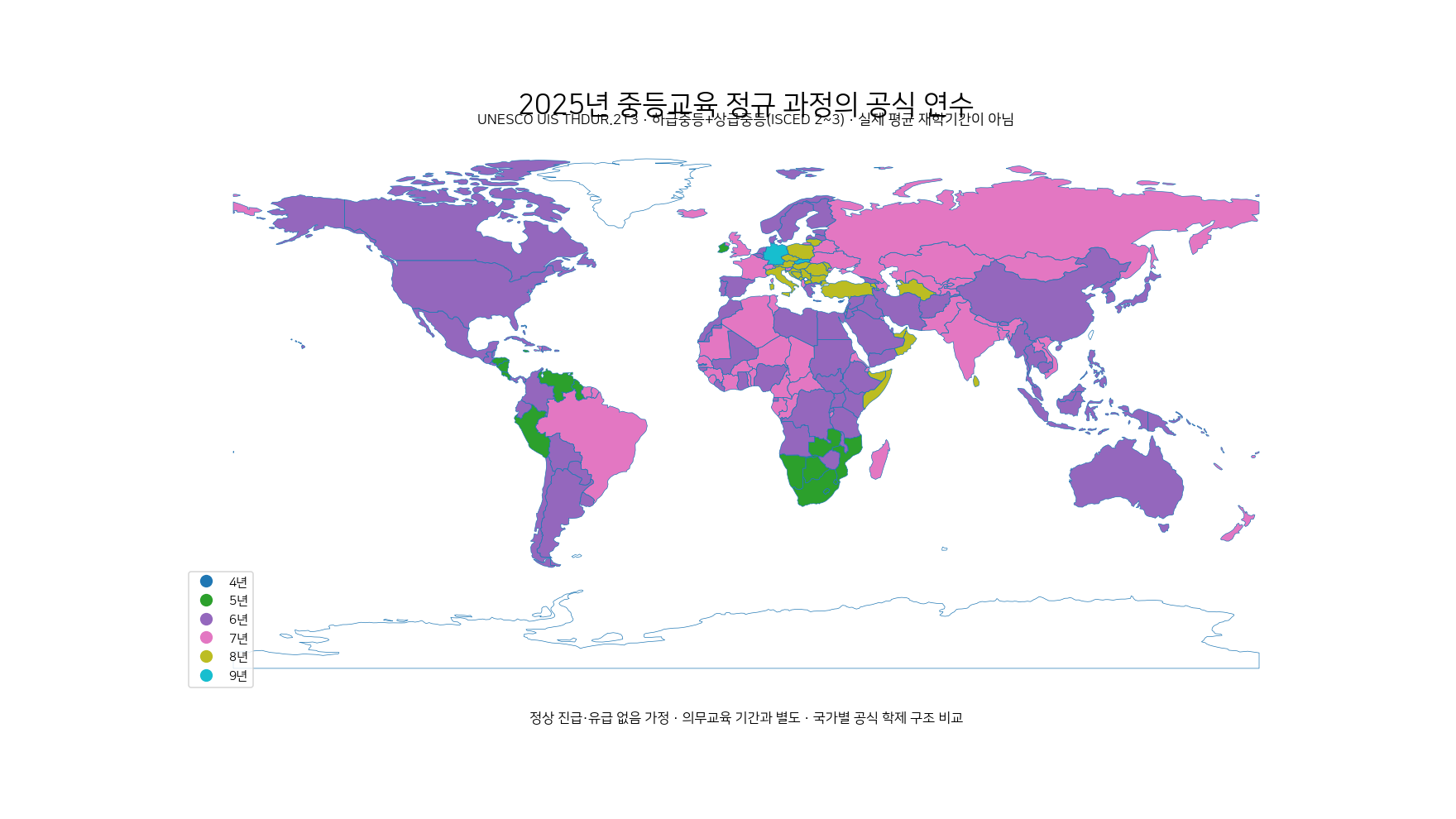 2025년 중등교육 정규 과정의 공식 연수를 국가별로 표시한 세계 지도