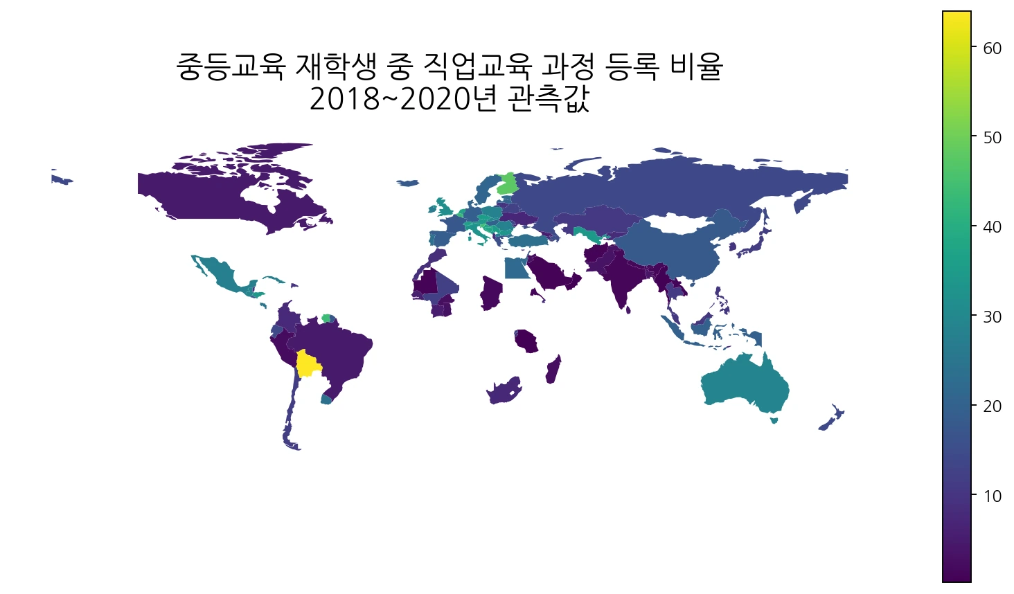 2018년부터 2020년 사이 중등교육 재학생 중 직업교육 과정에 등록한 학생 비율 세계 지도