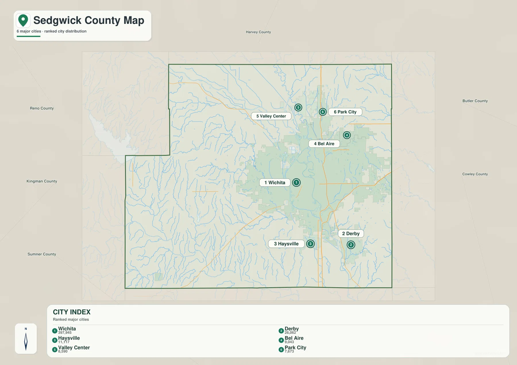 Sedgwick County Kansas city map showing Wichita, Derby, Haysville, Bel Aire, Valley Center and Park City
