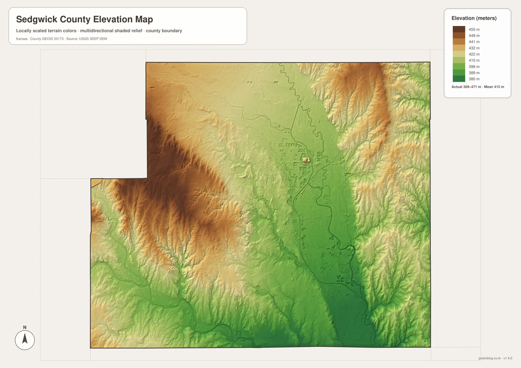 Sedgwick County Kansas elevation map showing 369 to 471 meter relief, western uplands and lower Wichita river valleys