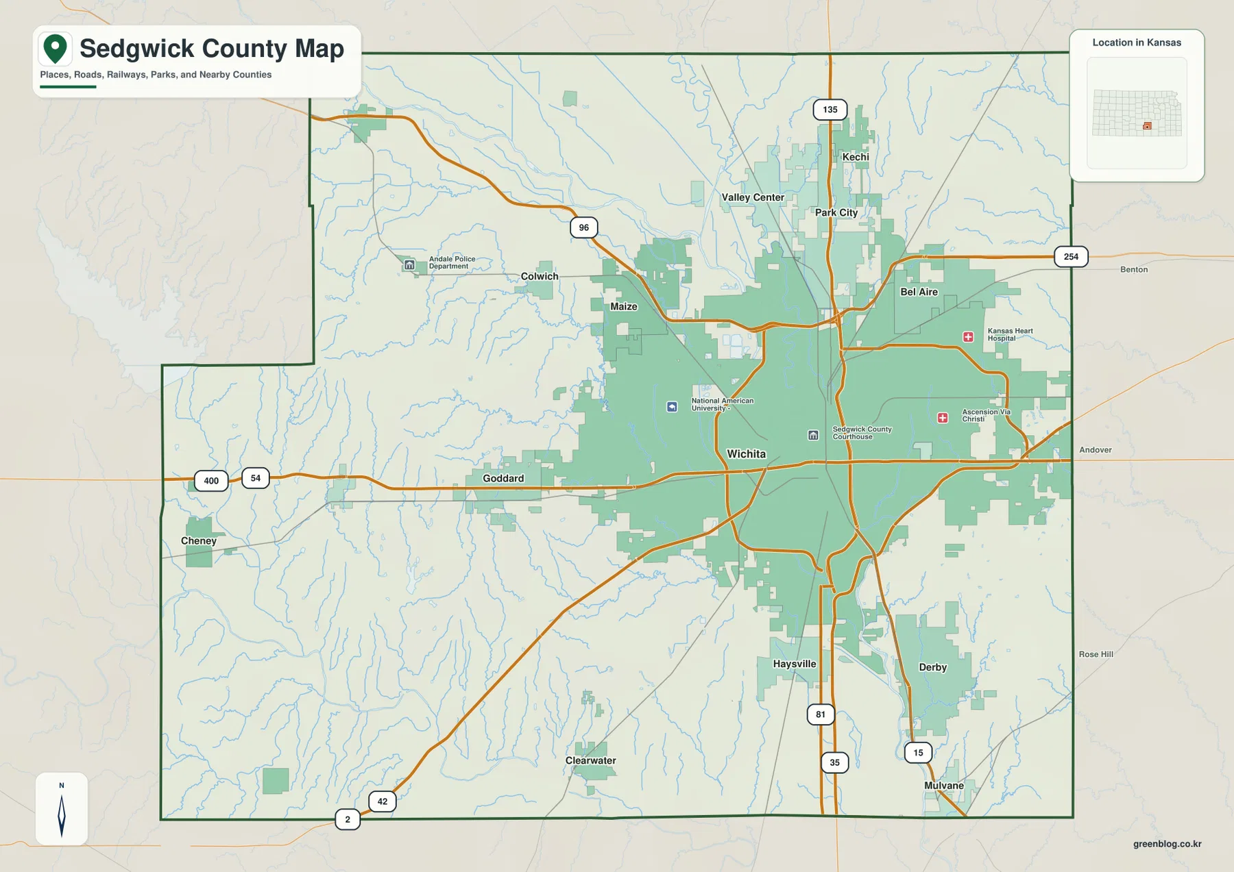 캔자스주 세지윅 카운티 Wichita, Derby, Haysville, Bel Aire, Valley Center와 주요 고속도로 지도