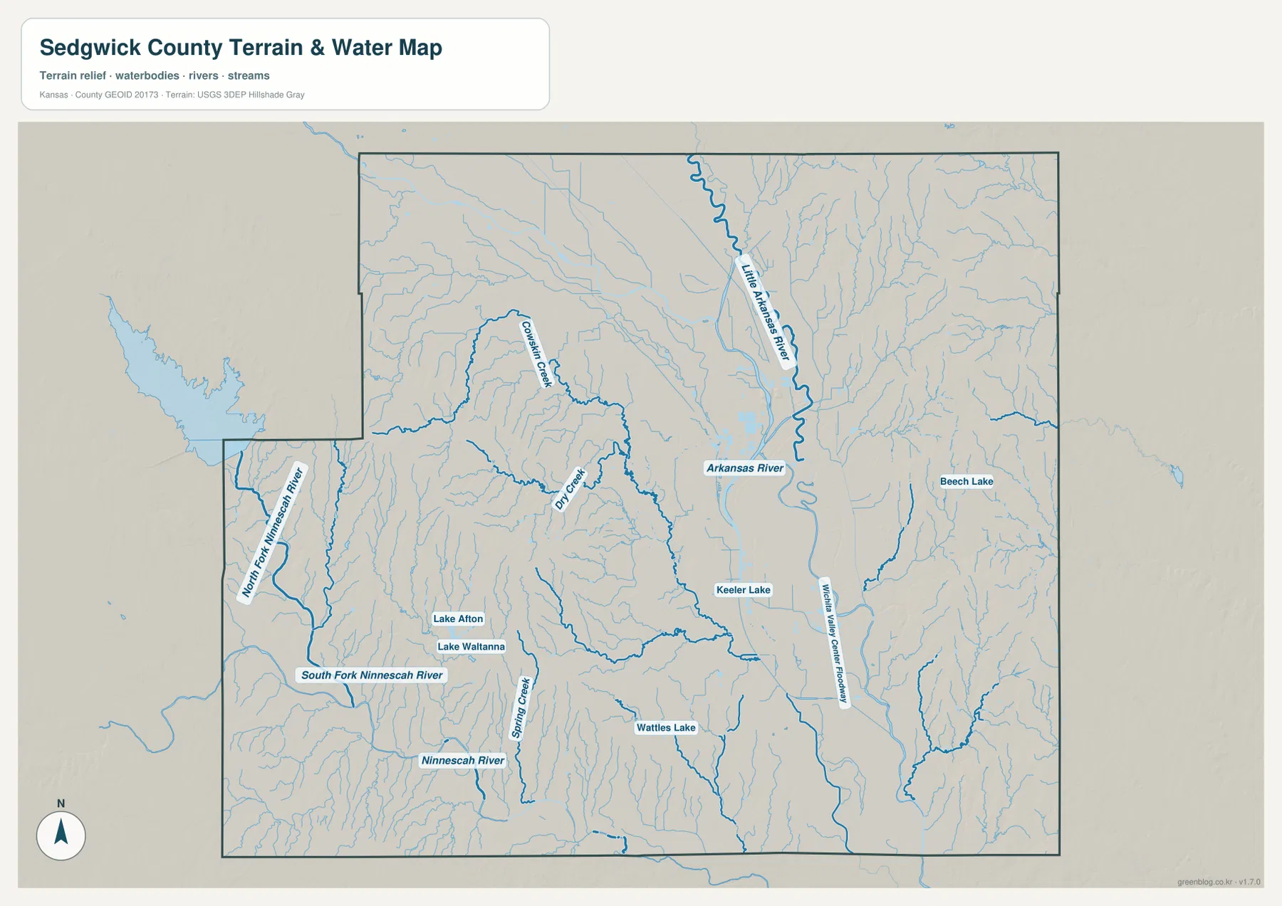 세지윅 카운티 Arkansas River, Little Arkansas River, Cowskin Creek, Ninnescah River 계통 수역 지도