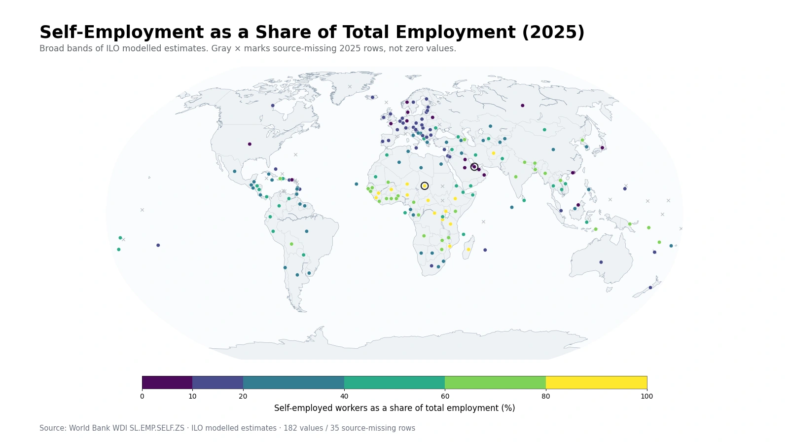 World map of self-employed workers as a share of total employment in 2025