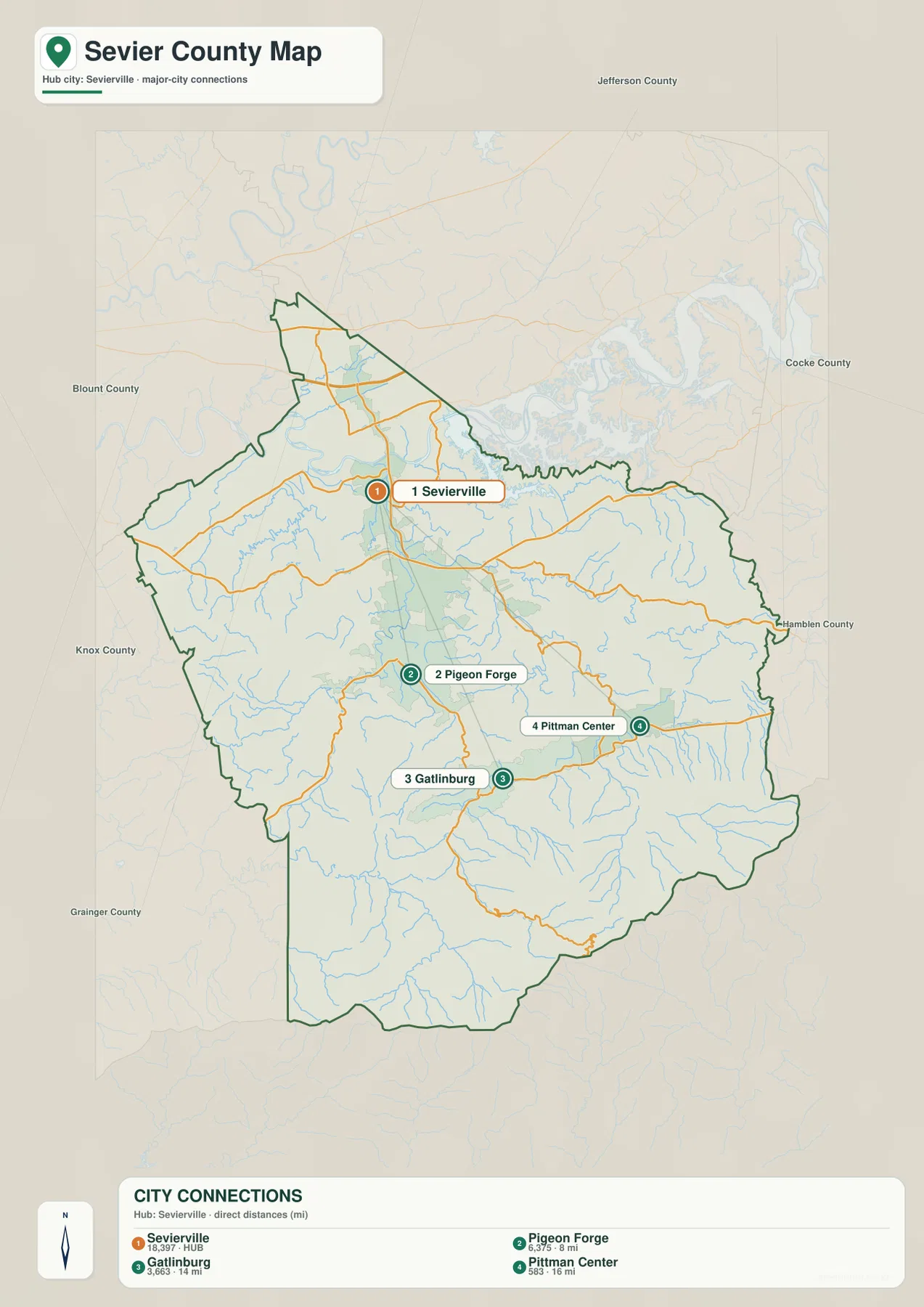 Sevier County city map with Sevierville, Pigeon Forge, Gatlinburg and Pittman Center