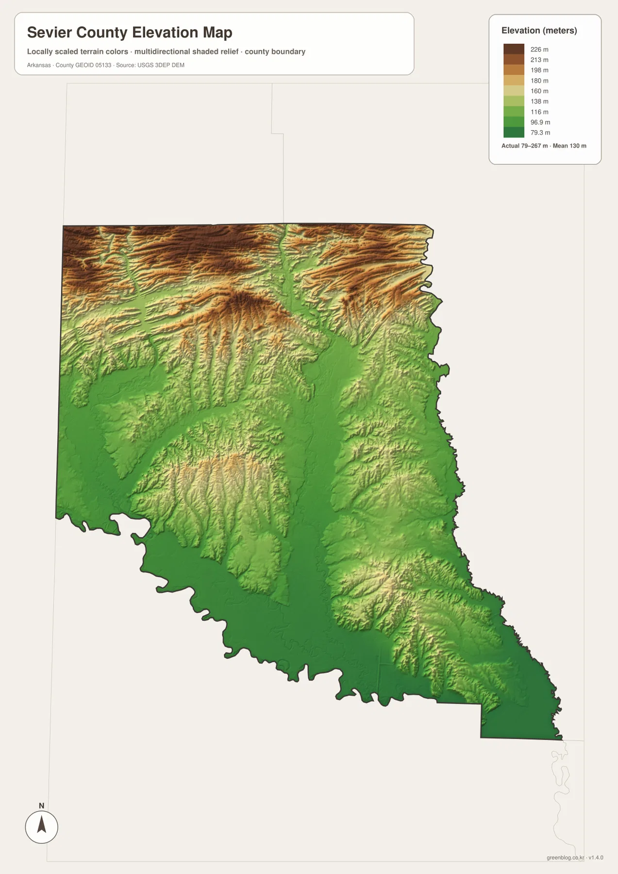 Sevier County Arkansas elevation map showing higher northern ridges and lower central and southern river valleys