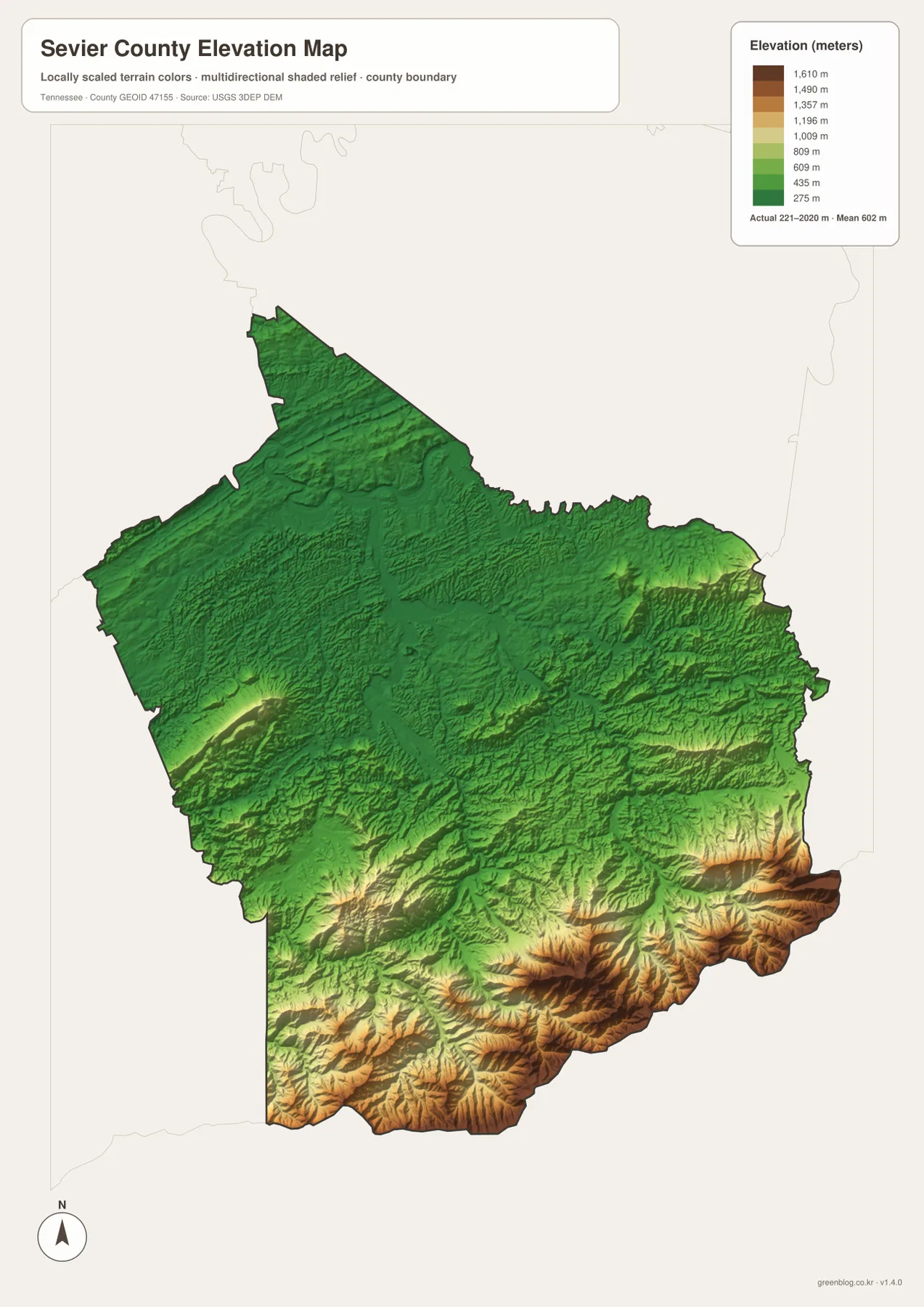 Sevier County elevation map showing low northern terrain and high Great Smoky Mountains ridges