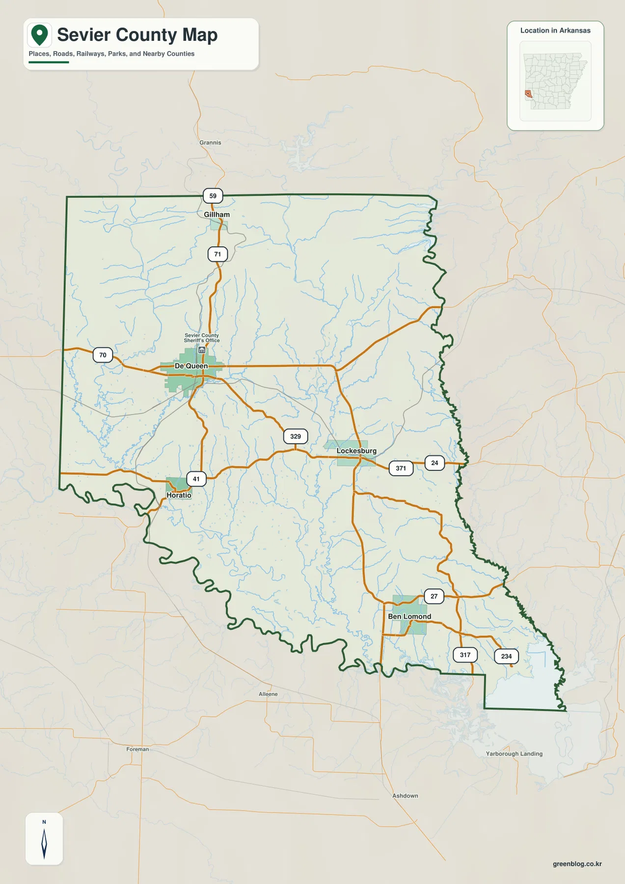 Sevier County Arkansas reference map showing De Queen, Horatio, Lockesburg, Ben Lomond, Gillham, roads, streams, and county boundary