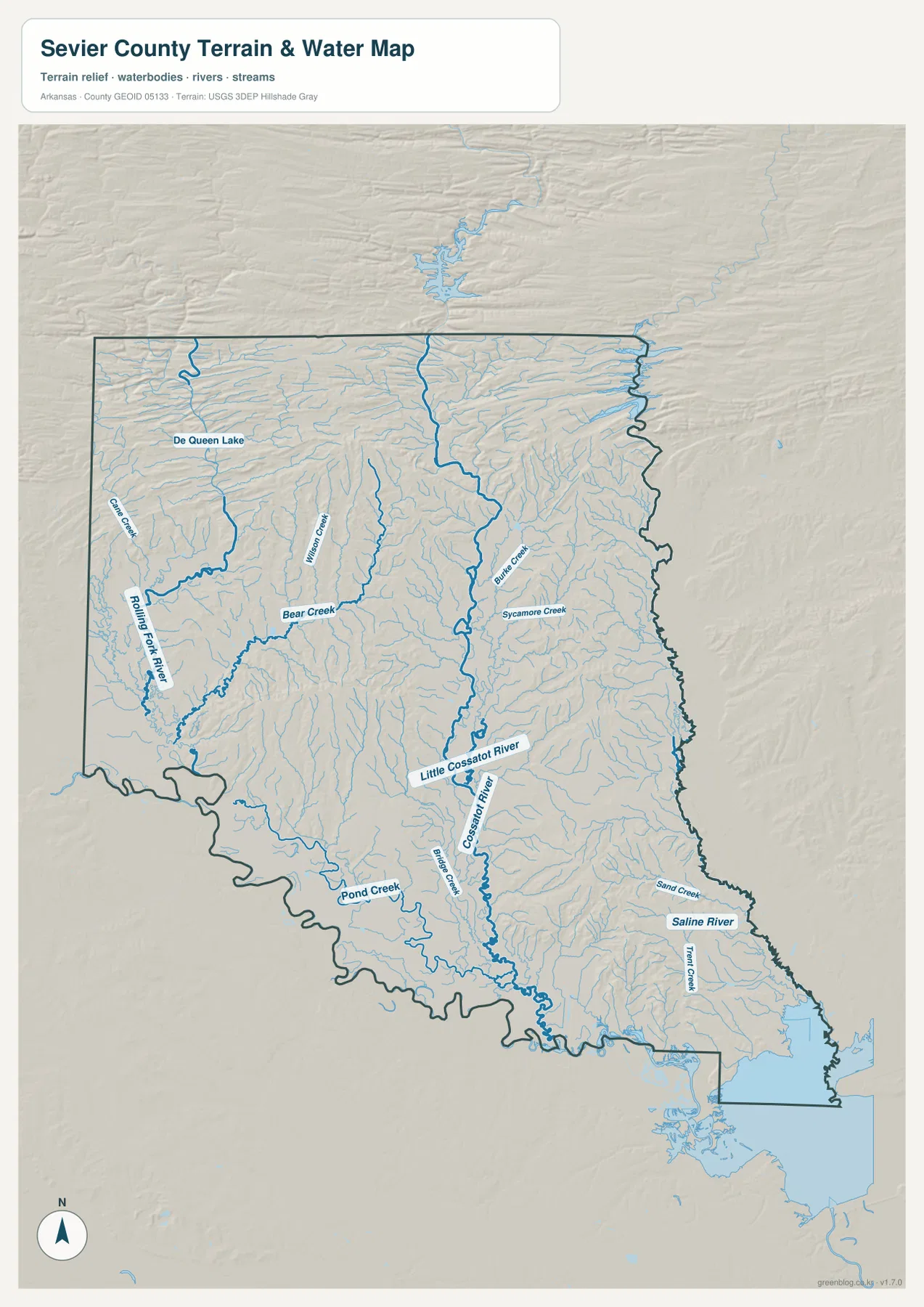 Sevier County terrain and water map showing De Queen Lake, Rolling Fork River, Cossatot River, Little Cossatot River, Saline River, and tributaries
