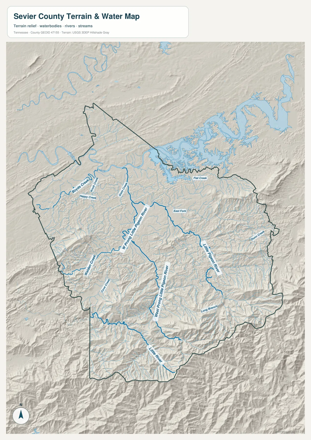 Sevier County water map showing West Prong Little Pigeon River and tributaries
