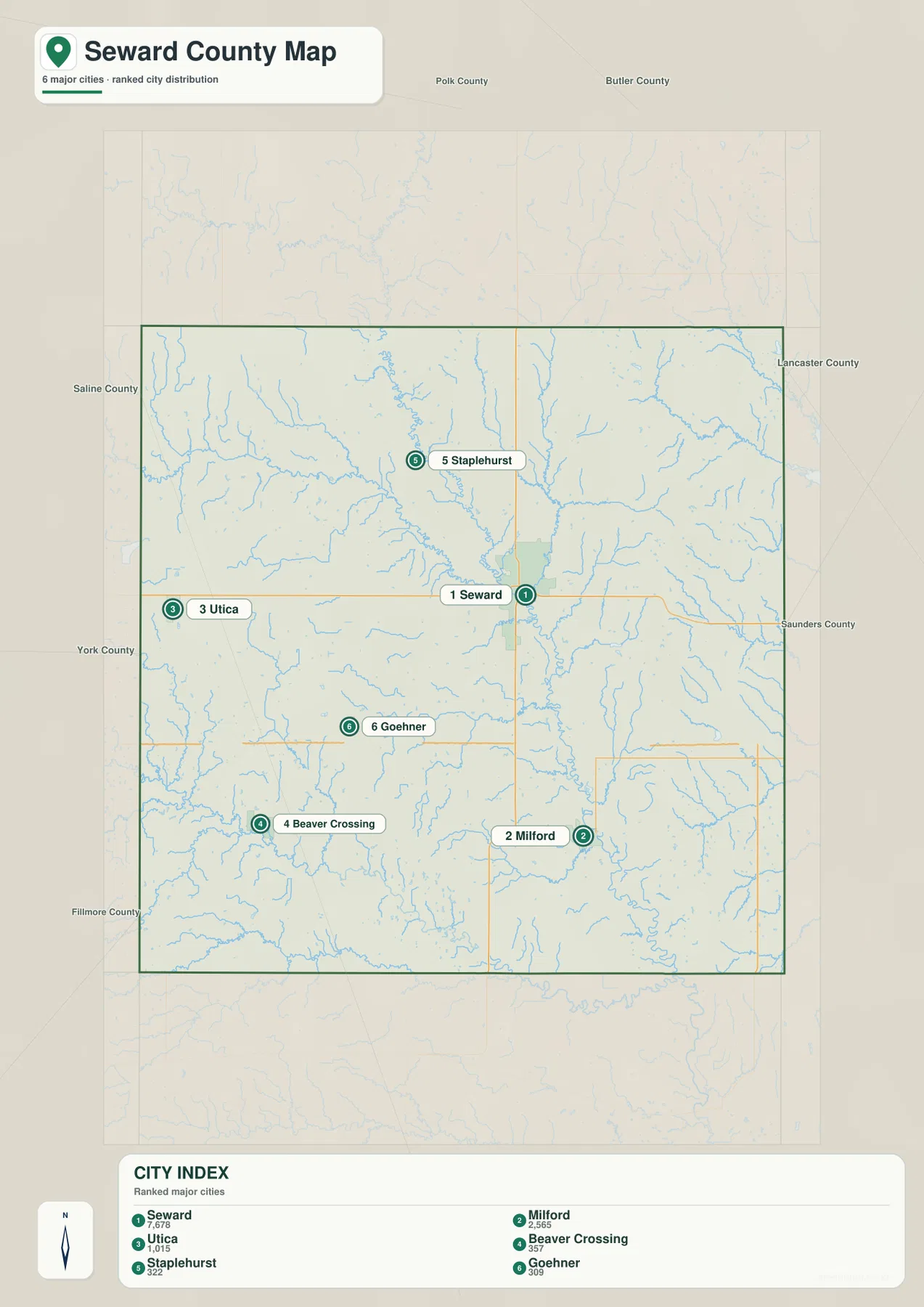 Seward County city map showing Seward, Milford, Utica, Beaver Crossing, Staplehurst and Goehner