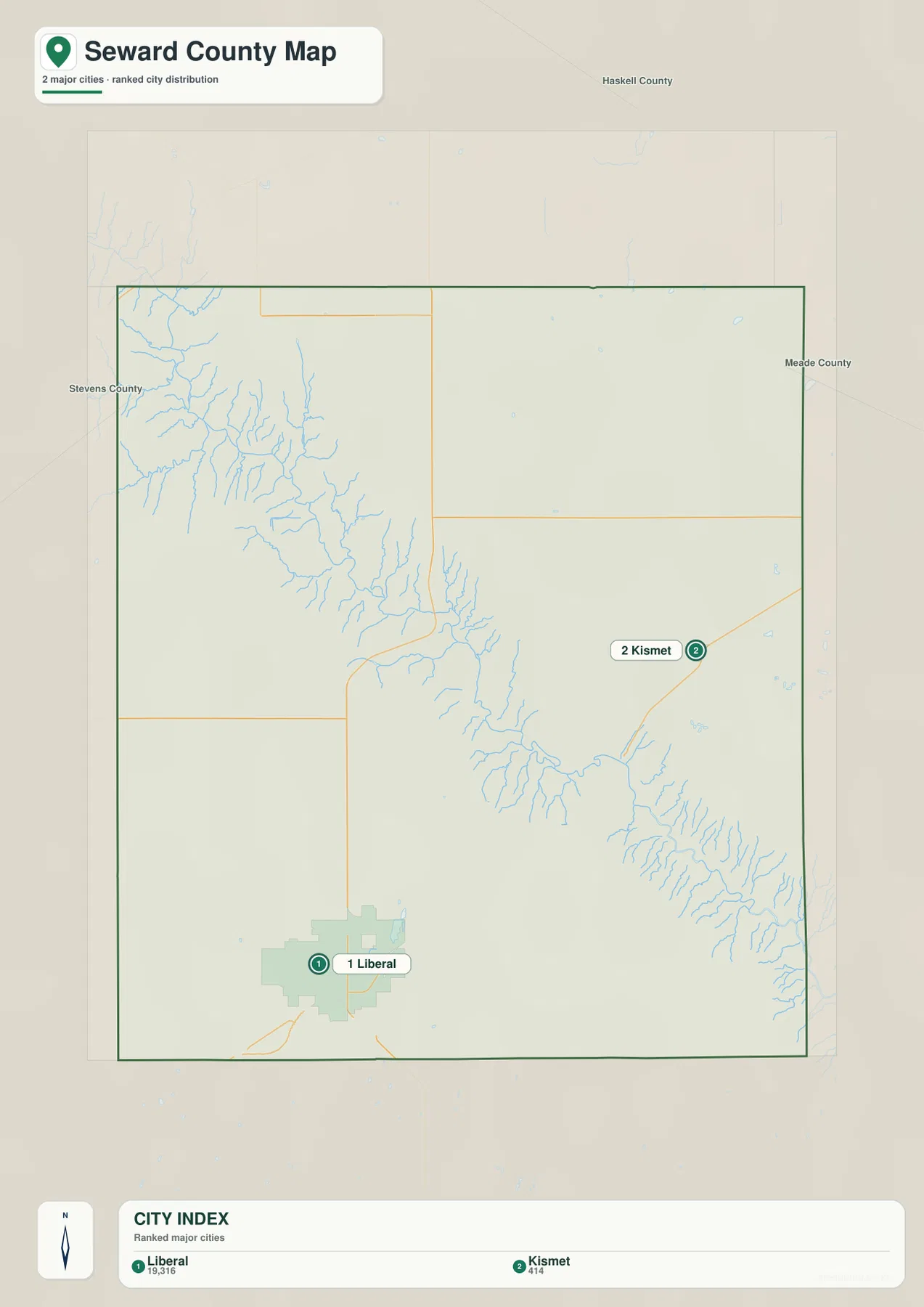Seward County Kansas city map showing Liberal and Kismet