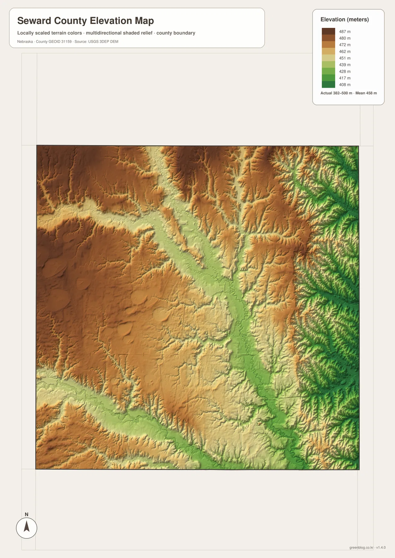 Seward County elevation map showing the low Big Blue River valley and higher western and northwestern uplands