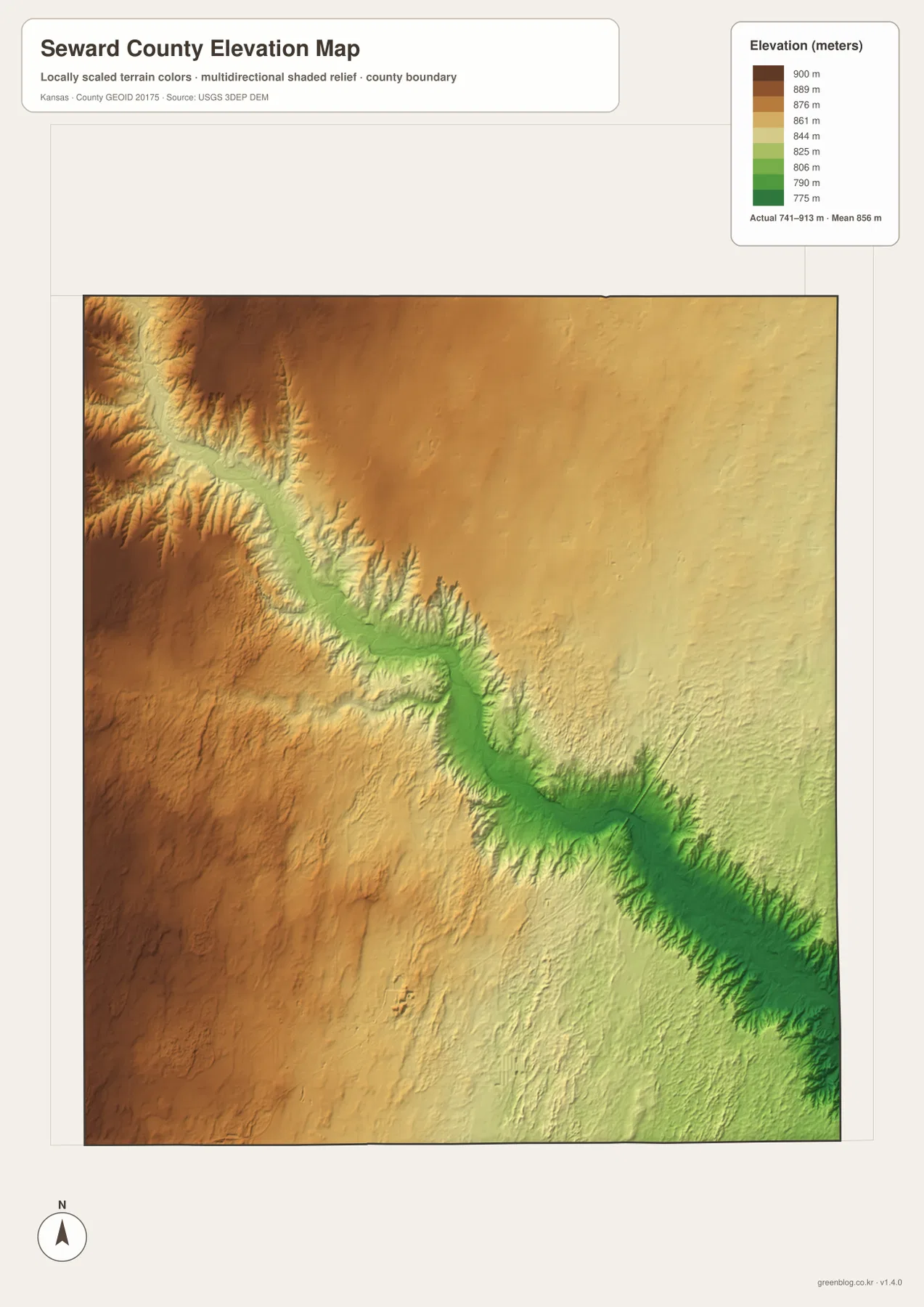 Seward County Kansas elevation map showing 741 to 913 meter relief, high western plains and lower Cimarron River valley