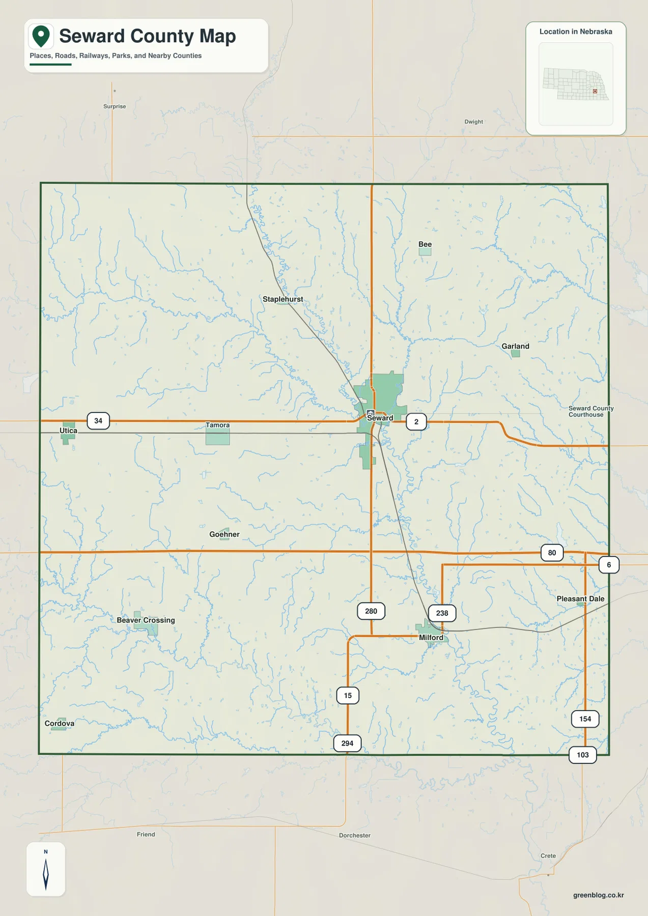 Seward County Nebraska map showing Seward, Milford, Utica, Beaver Crossing, Staplehurst and major roads