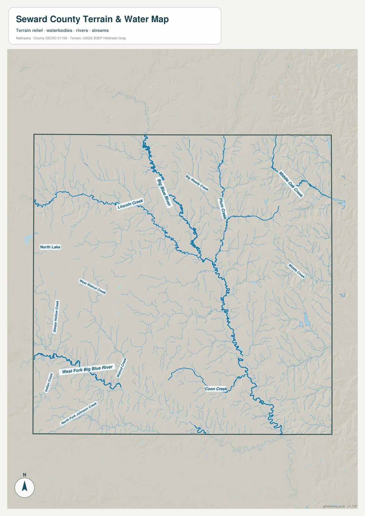 Seward County water map showing Big Blue River, Lincoln Creek, Plum Creek, Middle Oak Creek and West Fork Big Blue River