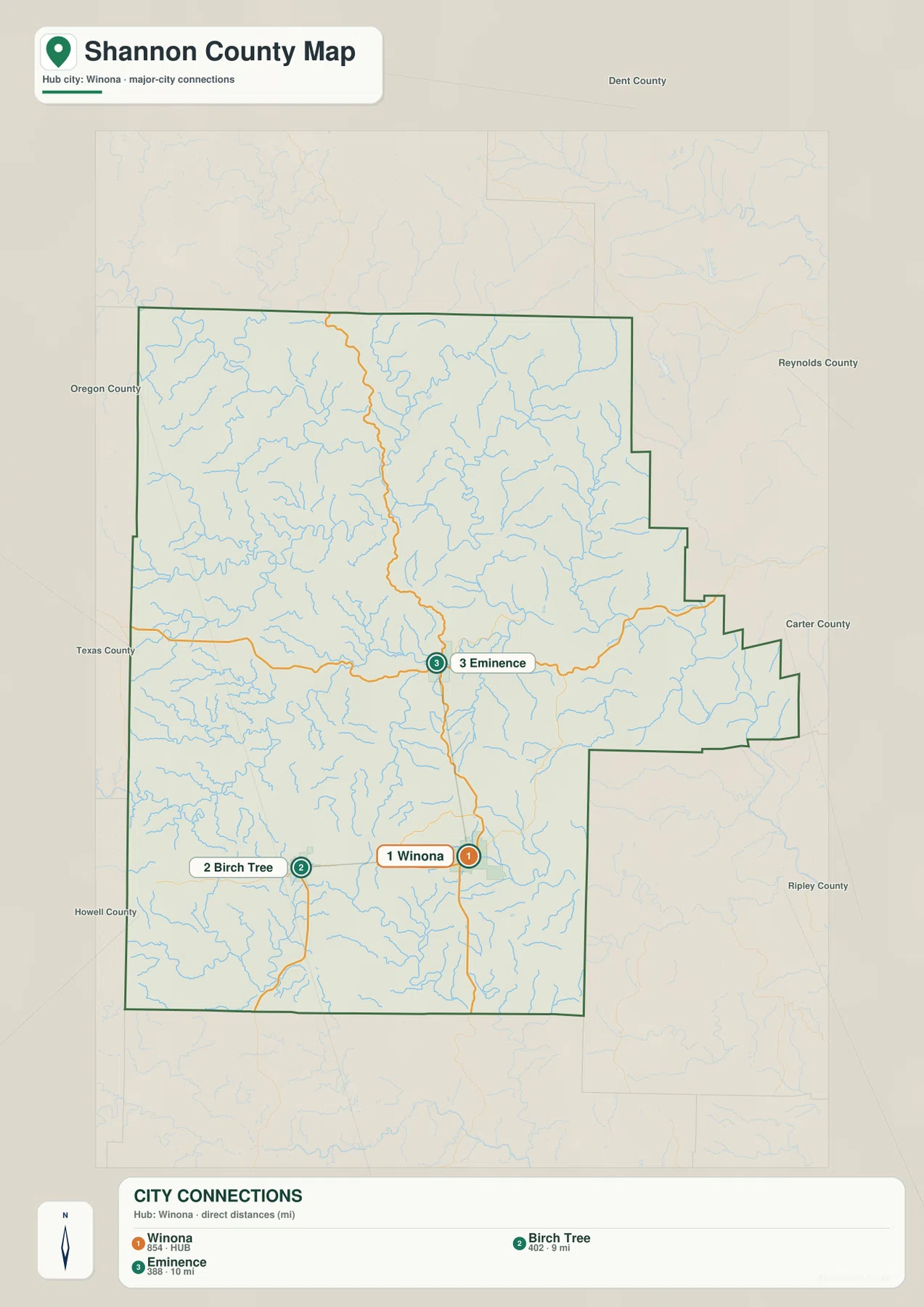 Shannon County city map showing straight-line distances from Winona to Birch Tree and Eminence