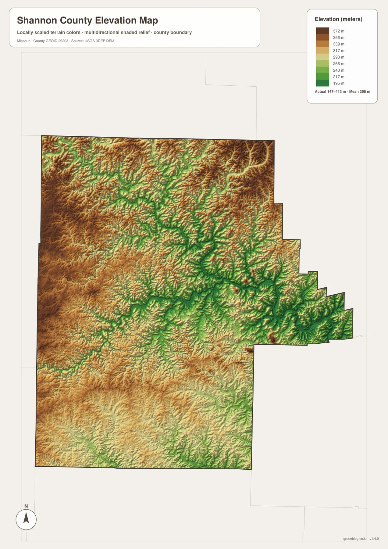 Shannon County elevation map showing 147 to 413 meter relief, high Ozark ridges, and low Jacks Fork and Current River valleys