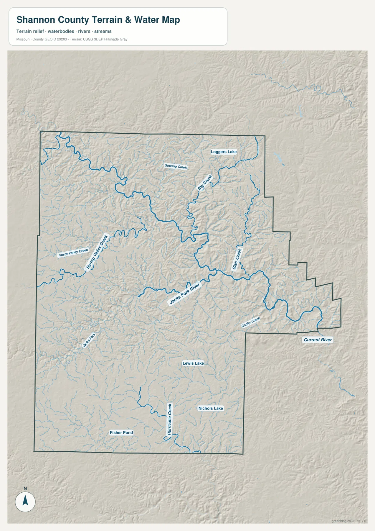 Shannon County terrain and water map showing Jacks Fork River, Current River, Big Creek, Sinking Creek, Blair Creek, and Rocky Creek