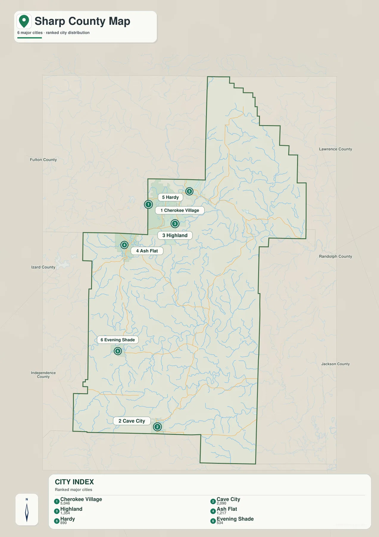 Sharp County city map showing Cherokee Village, Cave City, Highland, Ash Flat, Hardy, and Evening Shade