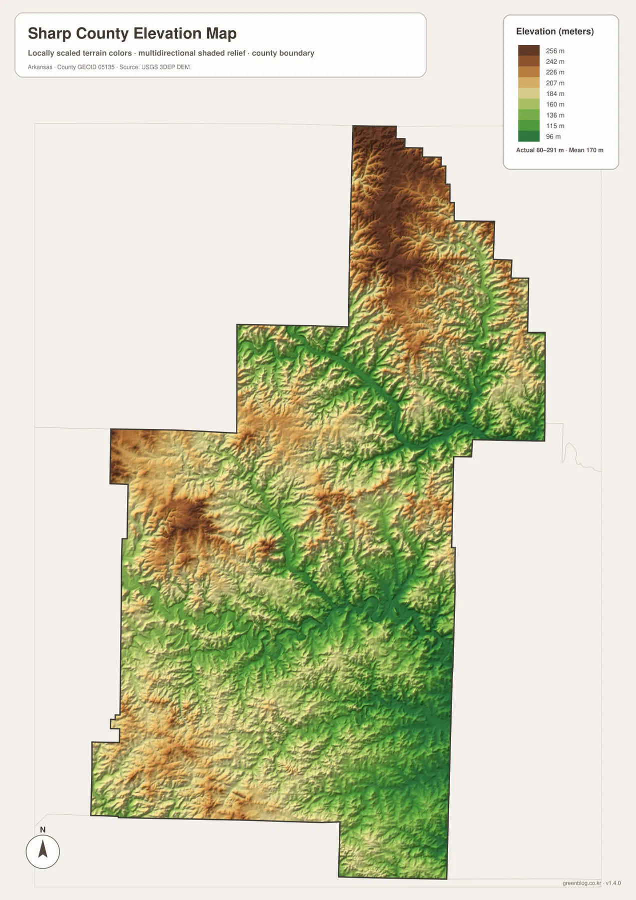 Sharp County Arkansas elevation map showing higher northern and western hills and lower Spring River and Strawberry River valleys