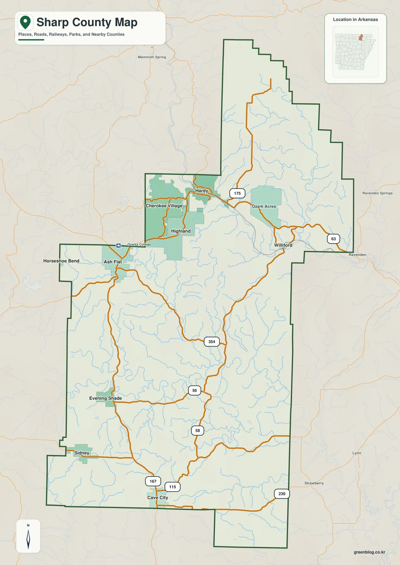 Sharp County Arkansas reference map showing Ash Flat, Cherokee Village, Highland, Hardy, Evening Shade, Cave City, roads, streams, and county boundary