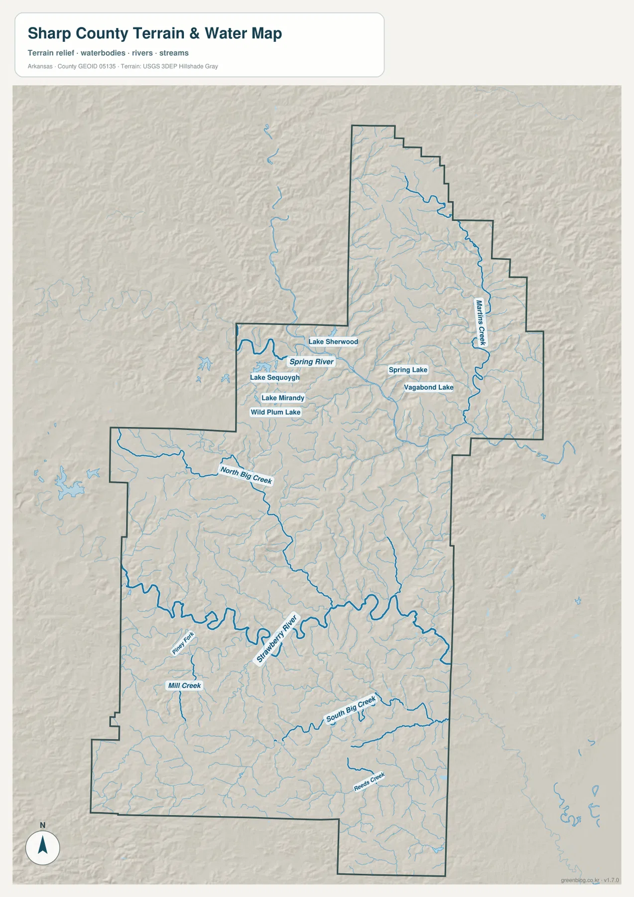 Sharp County terrain and water map showing Spring River, Strawberry River, Martin's Creek, North Big Creek, and named lakes