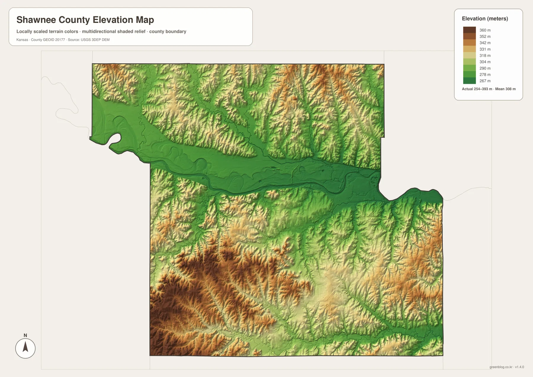 Shawnee County Kansas elevation map showing 254 to 393 meter relief, Kansas River lowlands and higher northern and southwestern hills