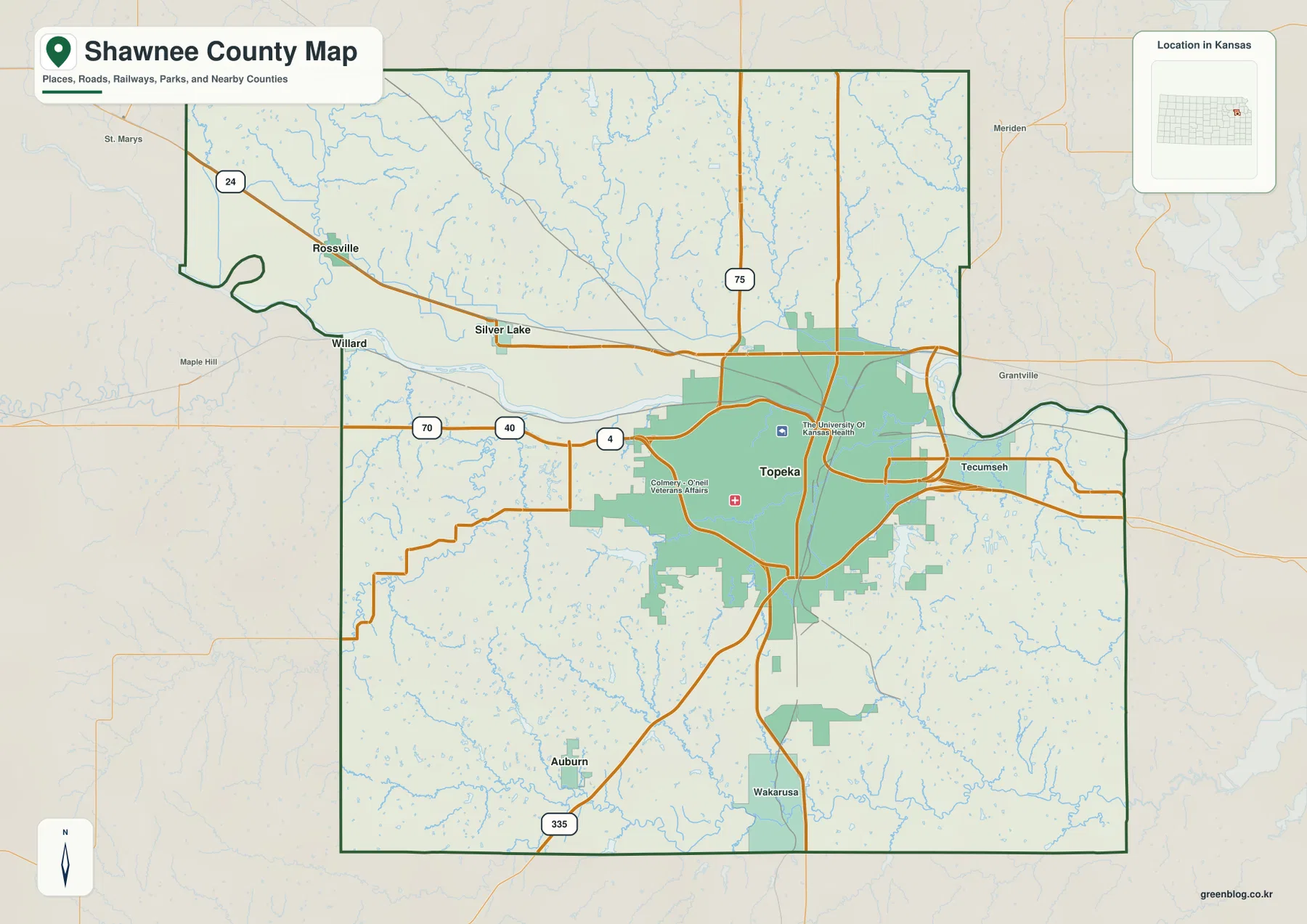 쇼니 카운티 Topeka, Silver Lake, Rossville, Auburn과 I-70, US 40, US 75 주요 도로 지도