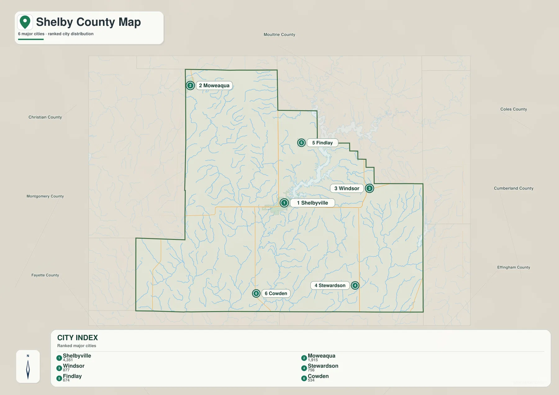 Shelbyville, Moweaqua, Windsor, Stewardson, Findlay, Cowden의 순위와 위치를 보여 주는 Shelby County 도시 인덱스 지도