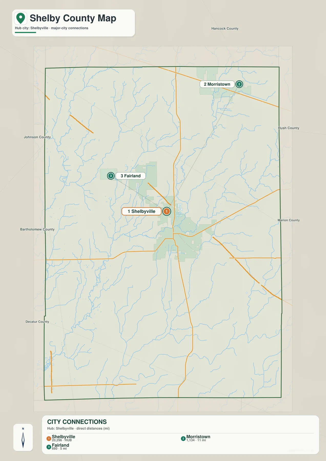 Shelby County 도시 연결 지도에서 Shelbyville을 중심으로 Morristown과 Fairland가 표시된 모습