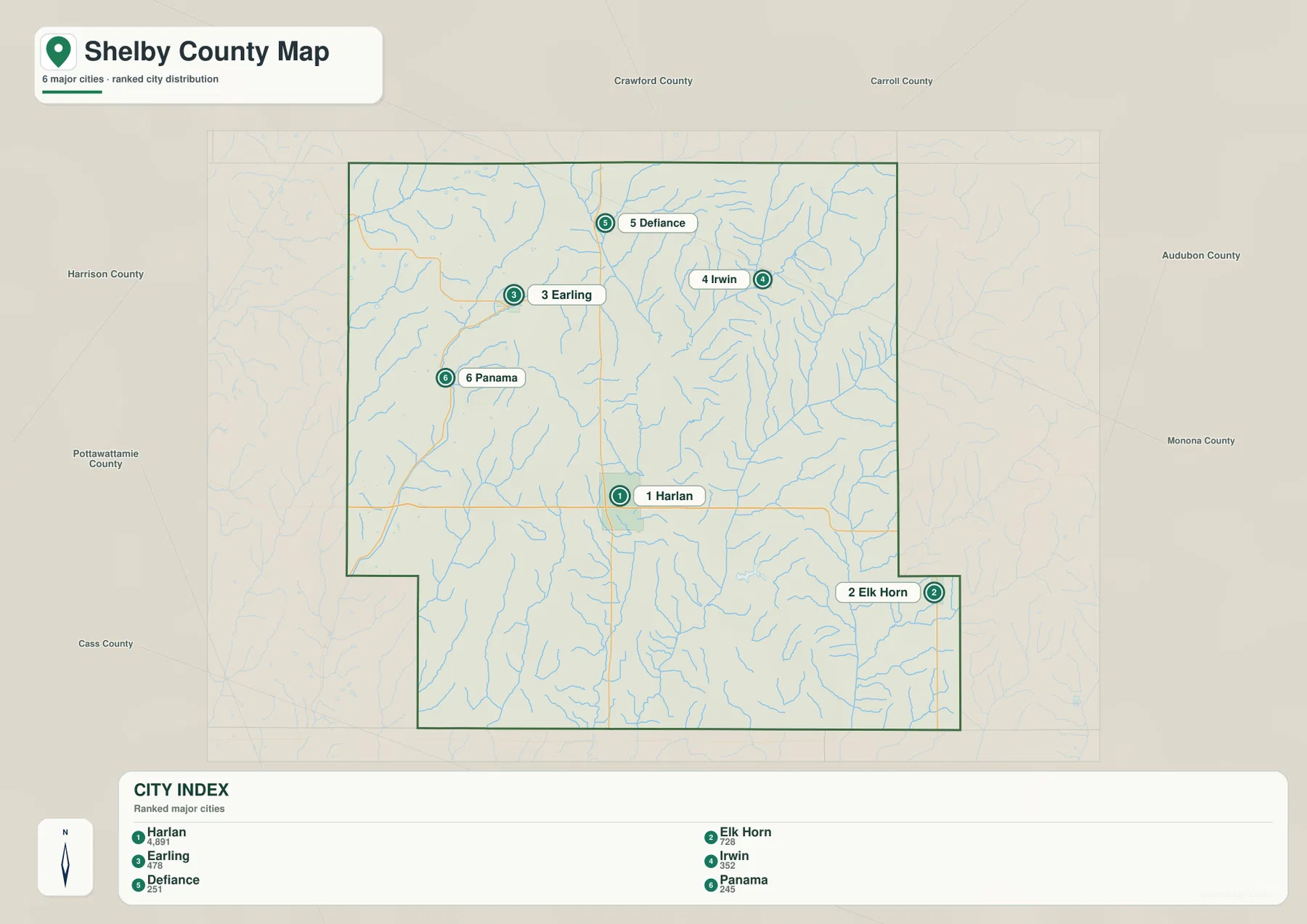 Shelby County Iowa Harlan Elk Horn Earling Irwin Defiance Panama 도시 지도