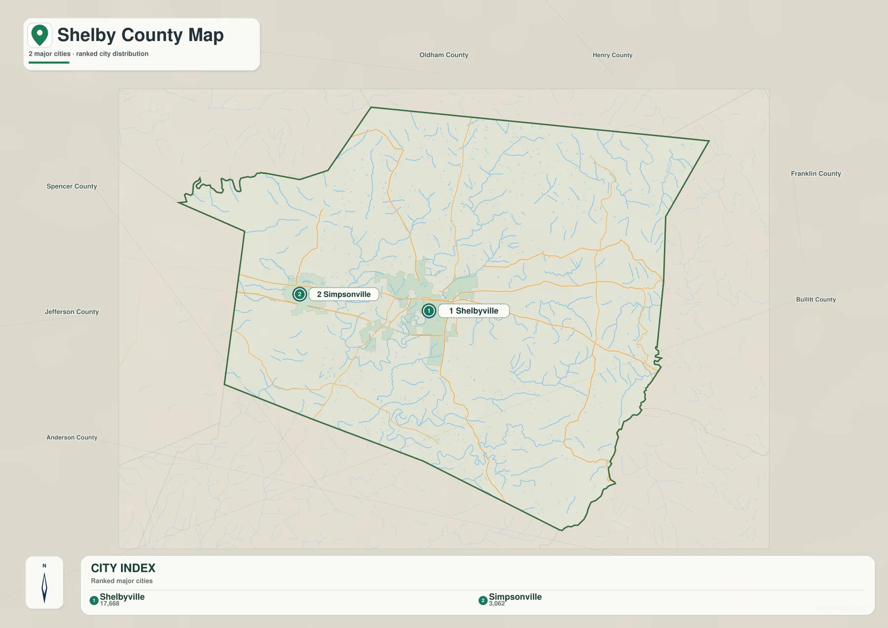 Shelby County의 Shelbyville과 Simpsonville, 그리고 Oldham, Henry, Franklin, Bullitt, Anderson, Spencer, Jefferson County 방향을 표시한 도시 지도