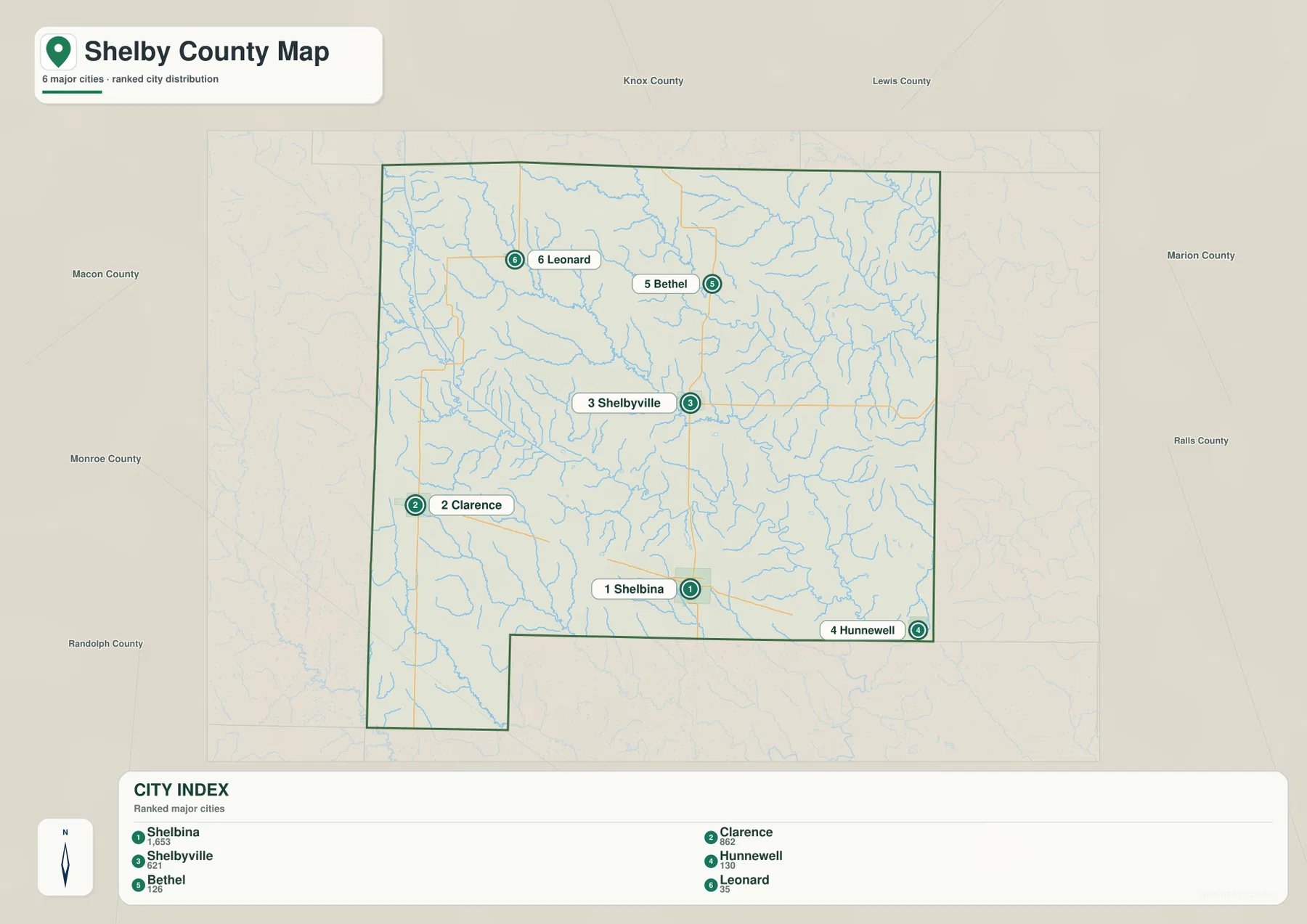 Shelbina, Clarence, Shelbyville, Hunnewell, Bethel, Leonard의 위치와 도시 인덱스를 표시한 Shelby County 도시 지도