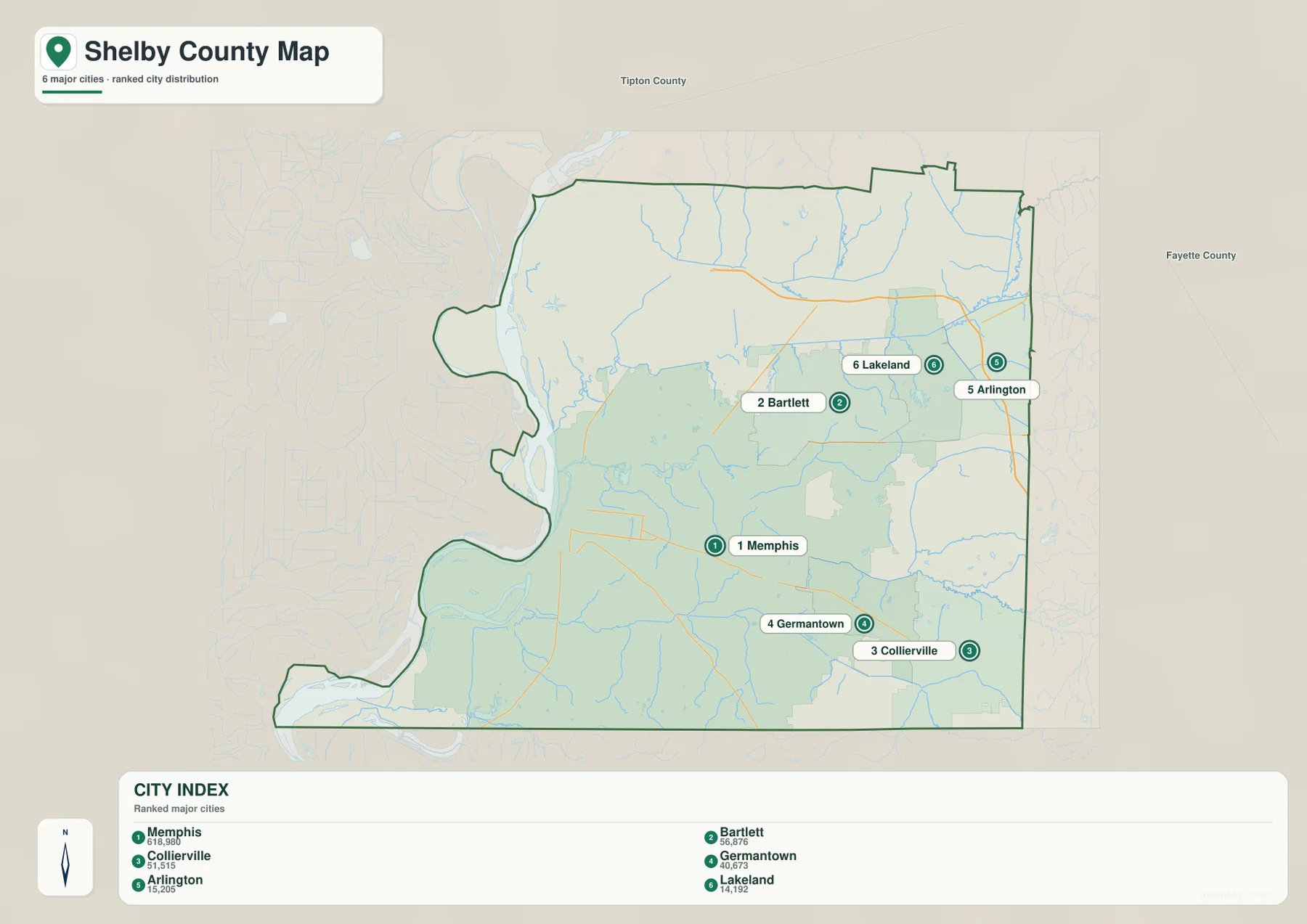 Shelby County city map showing Memphis, Bartlett, Collierville, Germantown, Arlington and Lakeland