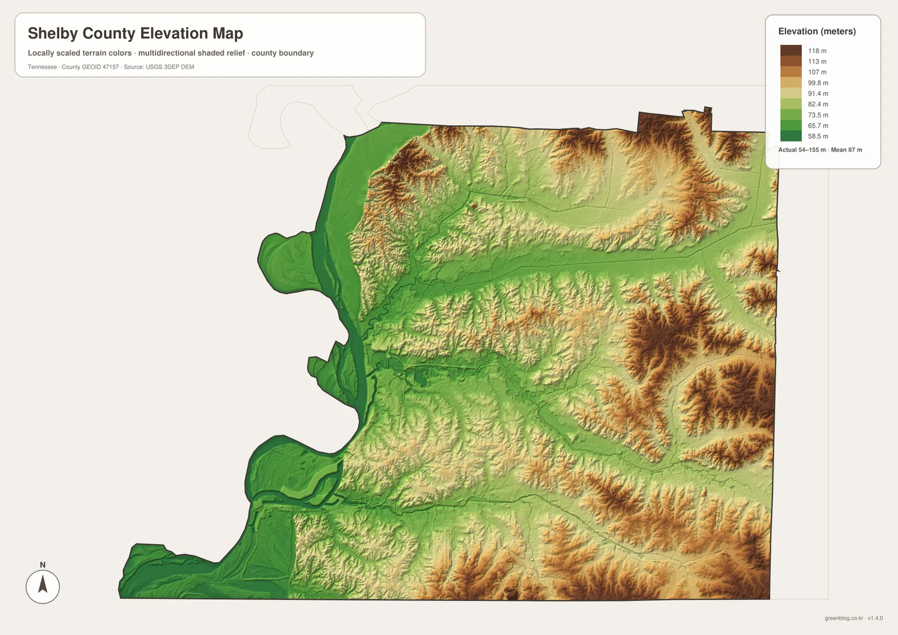 Shelby County elevation map showing low Mississippi River terrain and higher eastern uplands