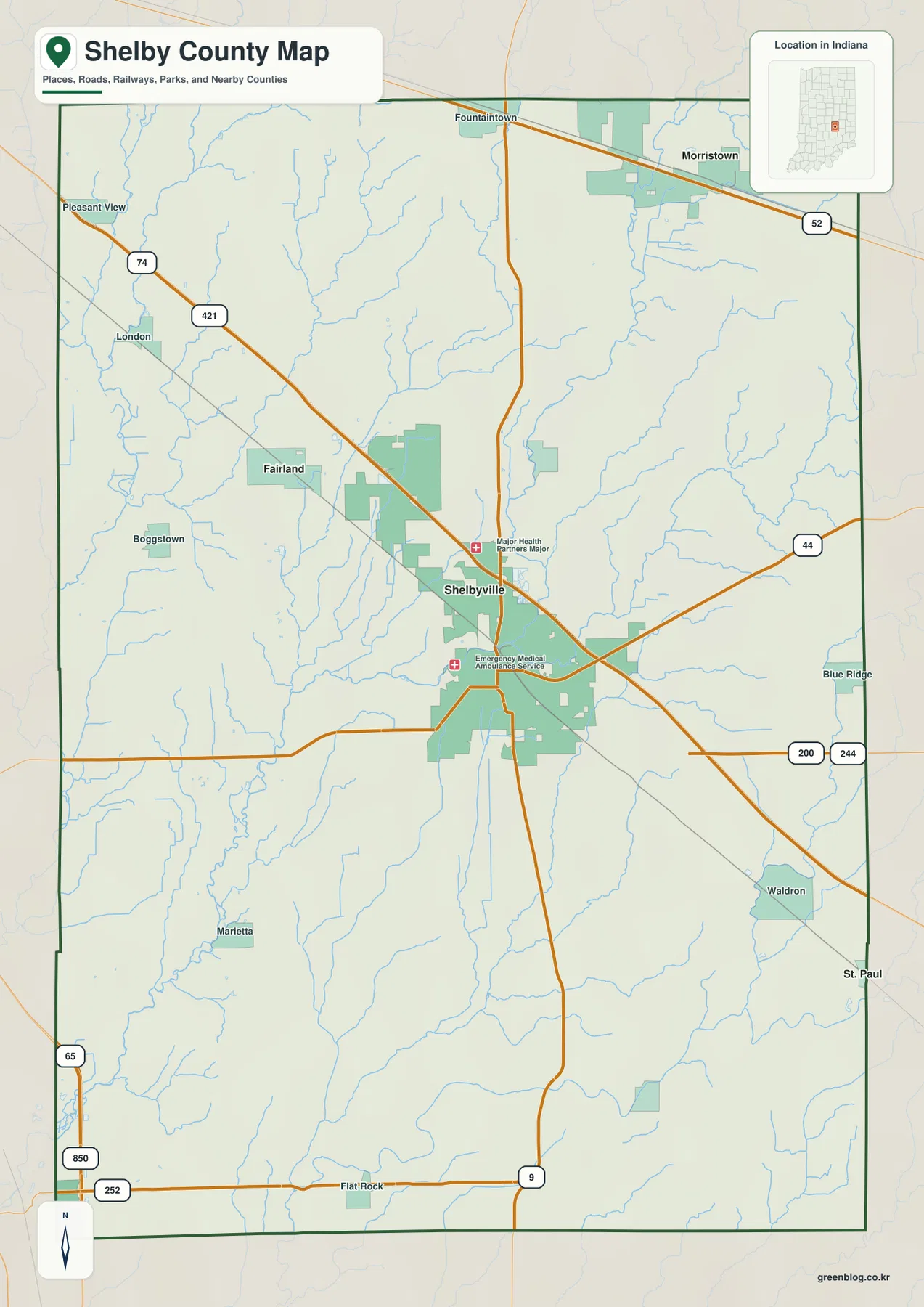 Shelby County 일반 지도에 Shelbyville, Fairland, Morristown, Waldron과 U.S. 421, 9번, 44번, 244번 도로가 표시된 모습