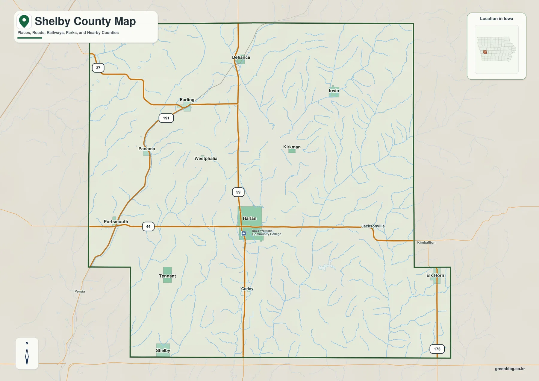Shelby County Iowa Harlan Defiance Earling Elk Horn 59 44 지도