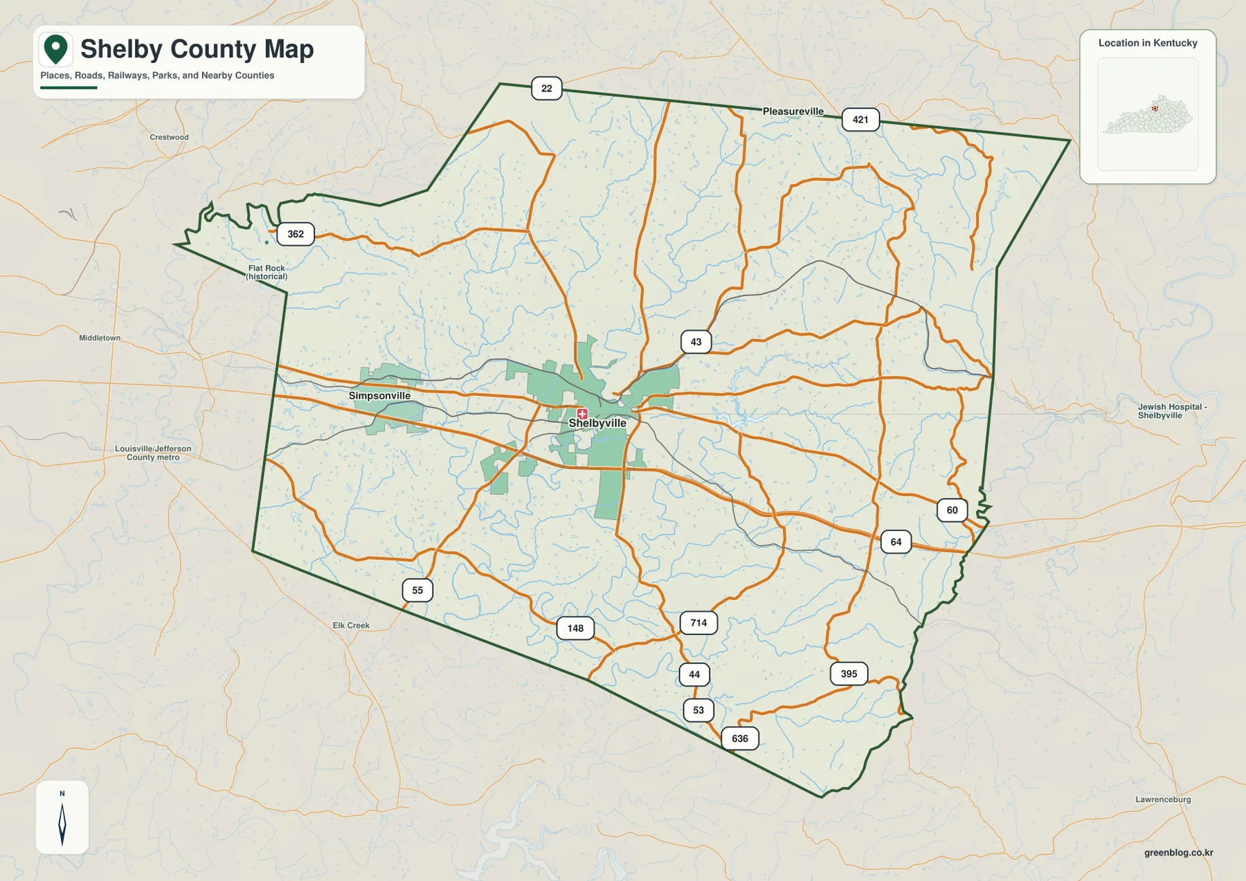 Shelby County 경계와 Shelbyville, Simpsonville, U.S. 60, I-64, KY 55, 148, 43, 395 등 주요 도로를 표시한 지도