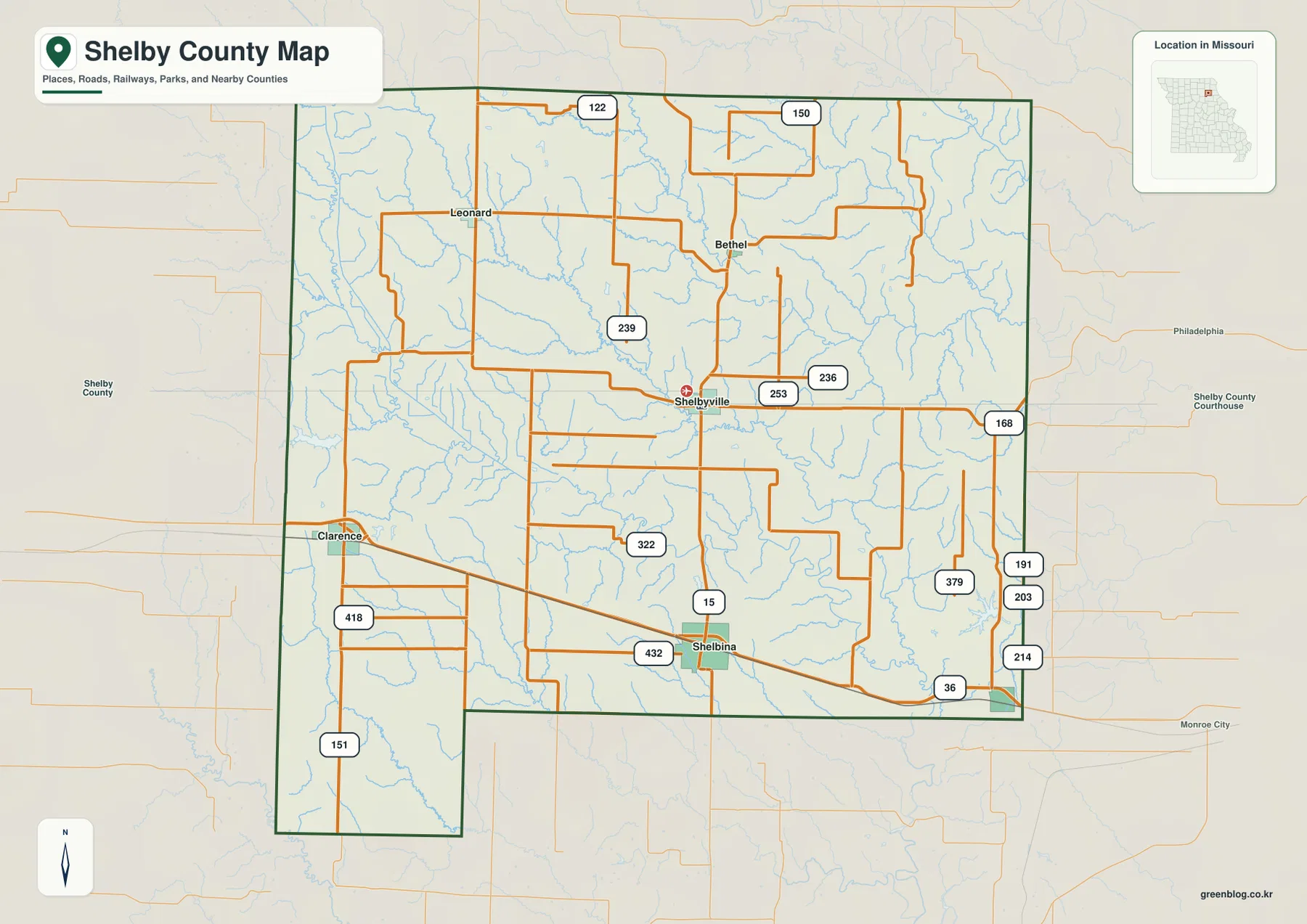 Shelbina, Shelbyville, Clarence, Hunnewell, Bethel, Leonard와 Route 15, U.S. 36을 표시한 미주리주 Shelby County 지도