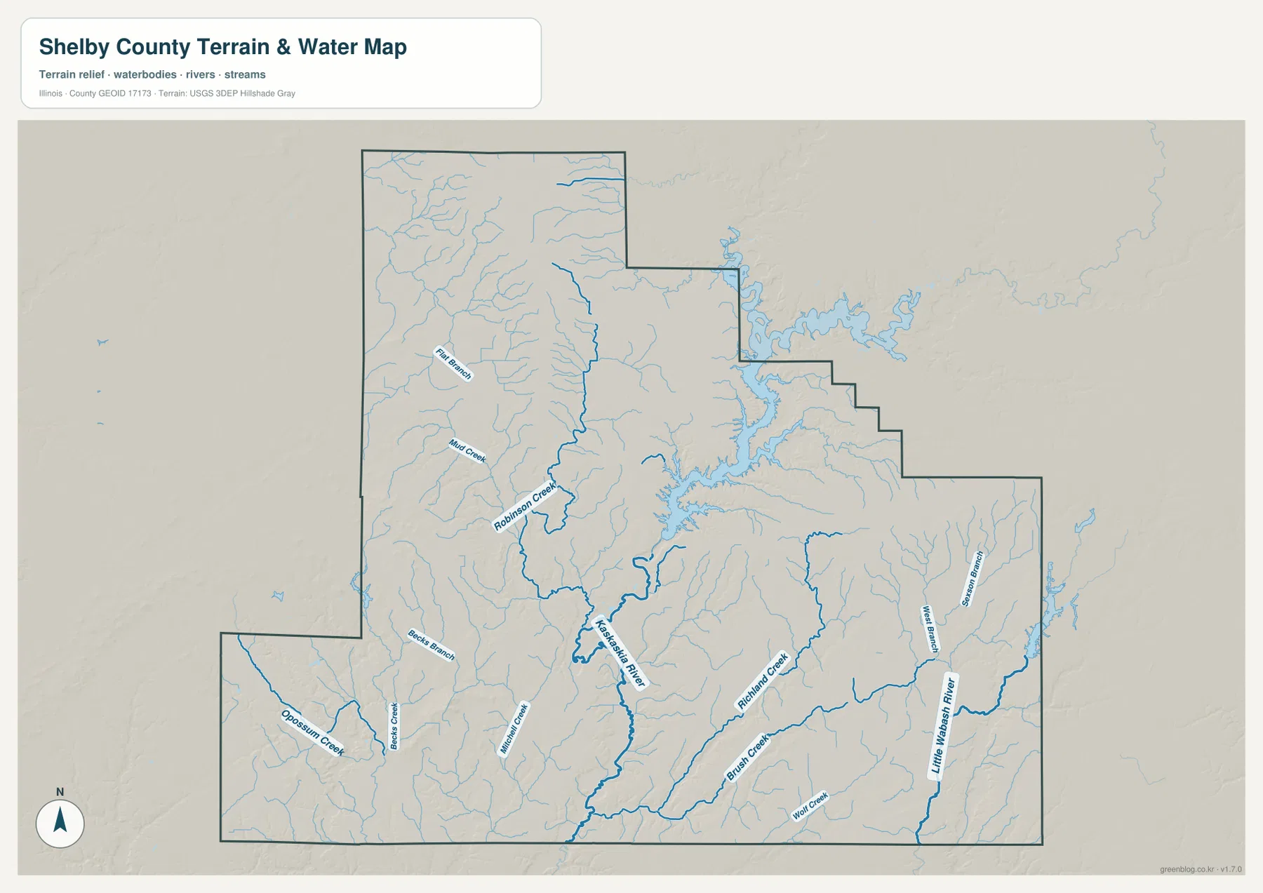 Lake Shelbyville, Kaskaskia River, Robinson Creek, Richland Creek, Brush Creek, Little Wabash River를 보여 주는 Shelby County 수역 지도