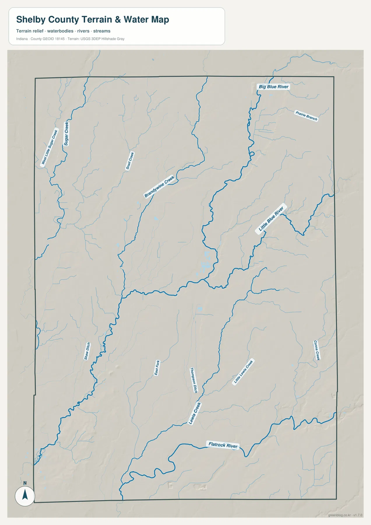 Shelby County 수역 지도에 Big Blue River, Little Blue River, Brandywine Creek, Sugar Creek, Flatrock River와 여러 지류가 표시된 모습