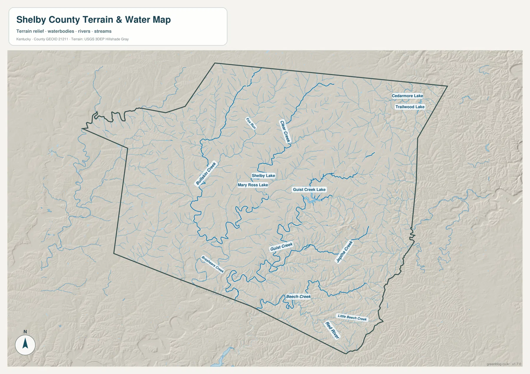 Shelby County의 Bullskin Creek, Clear Creek, Guist Creek, Jeptha Creek, Beech Creek, Little Beech Creek, Red River와 Guist Creek Lake 등을 표시한 수역 지도