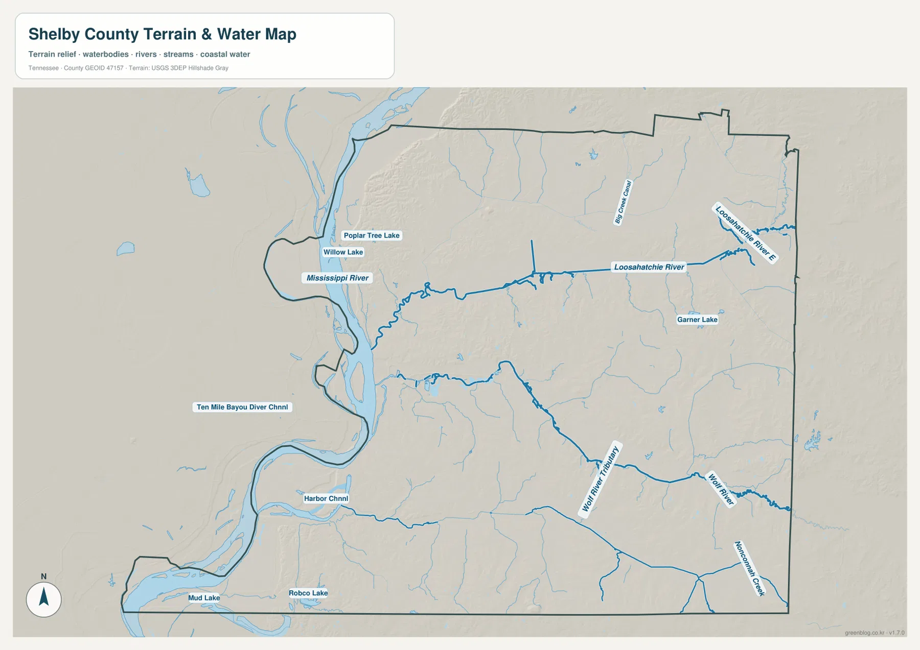 Shelby County water map showing the Mississippi River, Loosahatchie River, Wolf River and Nonconnah Creek