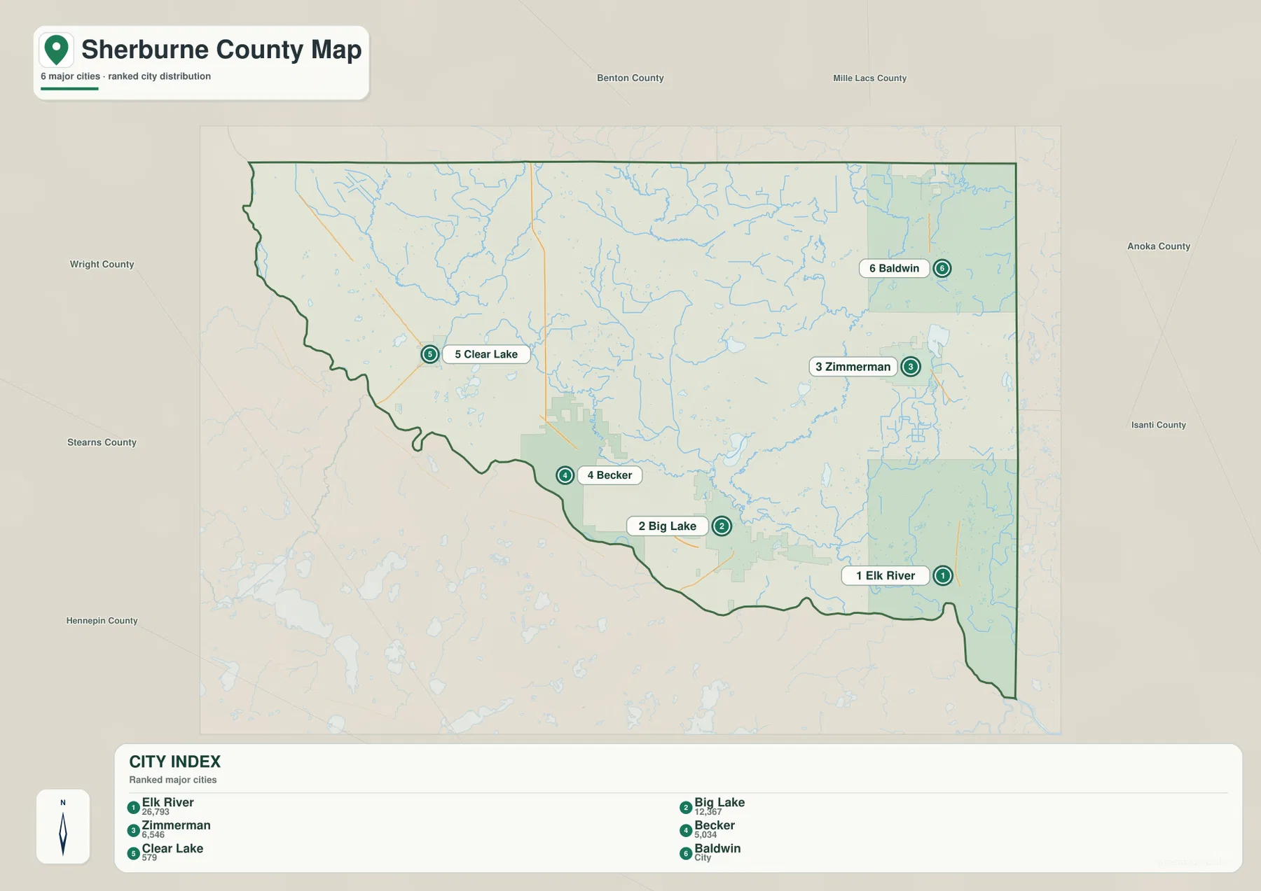 Elk River, Big Lake, Zimmerman, Becker, Clear Lake, Baldwin의 위치와 순위를 보여 주는 Sherburne County 도시 지도